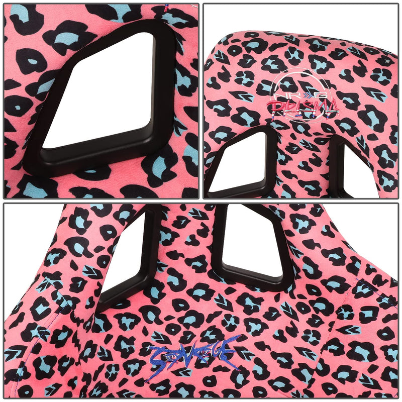 NRG Innovations Prisma FRP-302-PK-SAVAGE Fixed Back Bucket Racing Seat with Bottom Mount Bracket, Pink Savage Cheetah/White Pearl Back