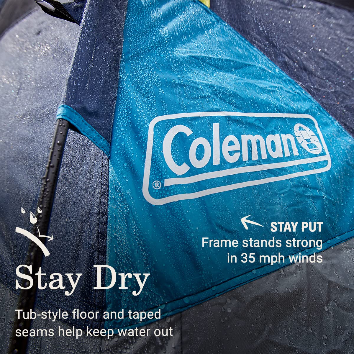 Coleman 4-Person Camp Burst Tent, Umbrella-Style Pop-Up Camping Tent with 45s Easy Setup, Dark Room Technology, Waterproof Seams, 360° Views, Durable Frame, Convenient Pockets and E-Port
