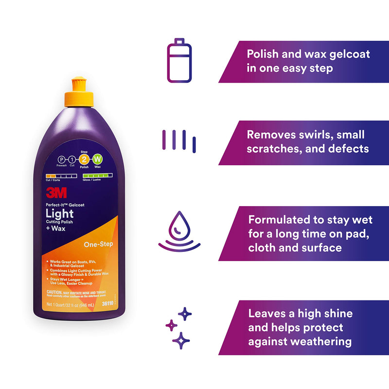 3M Perfect-It Light Cutting Gelcoat Polish + Wax, 36110, 1 Quart, One-Step Process, Removes Scratches and Swirls, Light Oxidation Remover for Boats and RVs