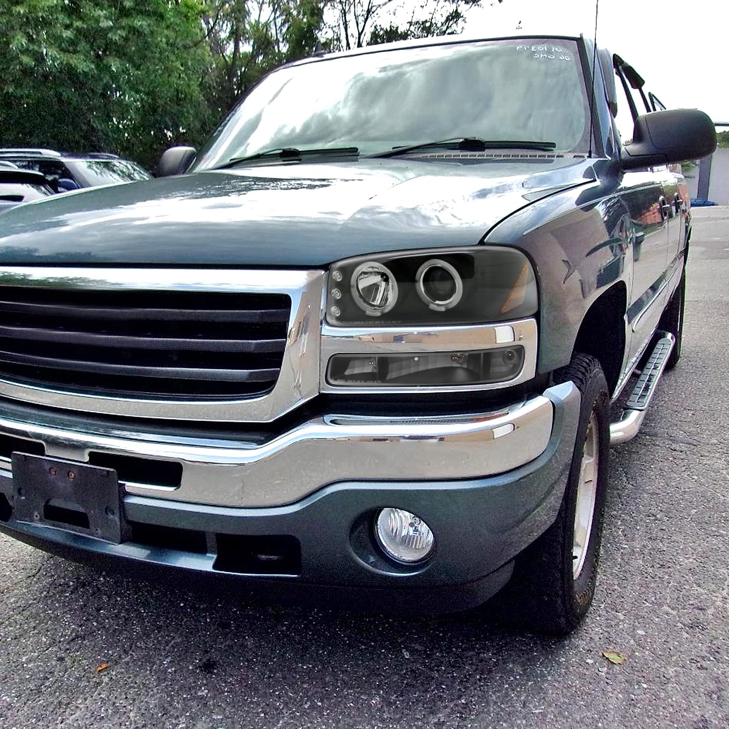 Spec-D Tuning Clear Lens Black Housing LED Halo Projector Headlights + Bumper Lights Compatible with 1999-2006 GMC Sierra 1500/2500/3500, Left + Right Pair Headlamps Assembly