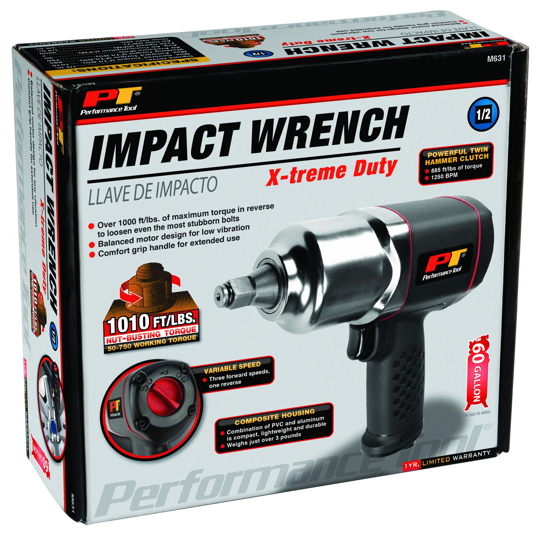 M631 Performance Tool 1/2-Inch Composite Impact Wrench - Powerful and Lightweight Air Tool for Professional Mechanics and DIY Enthusiasts