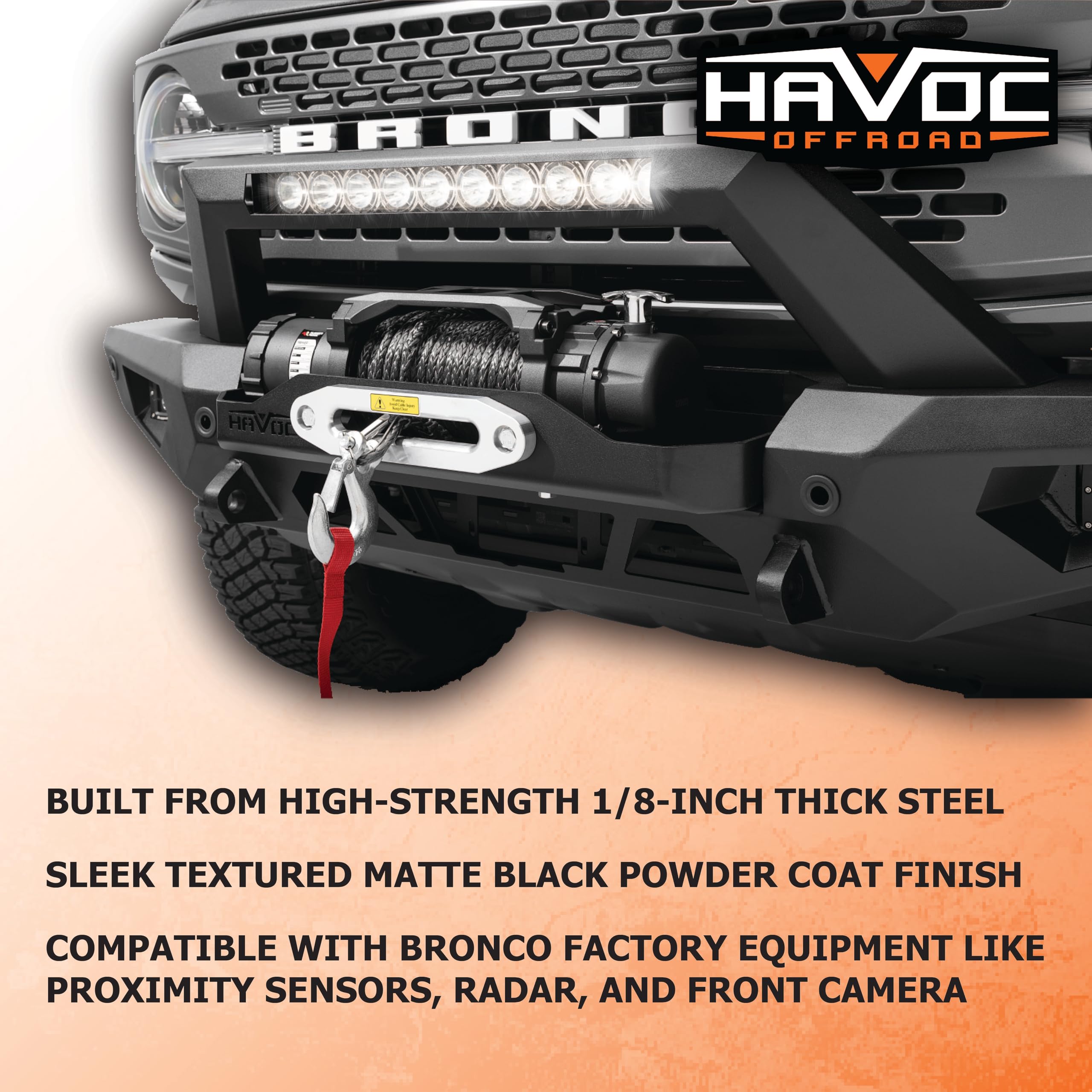 Steel Bender HAVOC OFFROAD Front Bumper for Ford Bronco | Winch Ready, Stinger, Integrated Lift Points, Black | HFB-02-003 | 2021-2025 Ford Bronco (Will not fit Sport Model)
