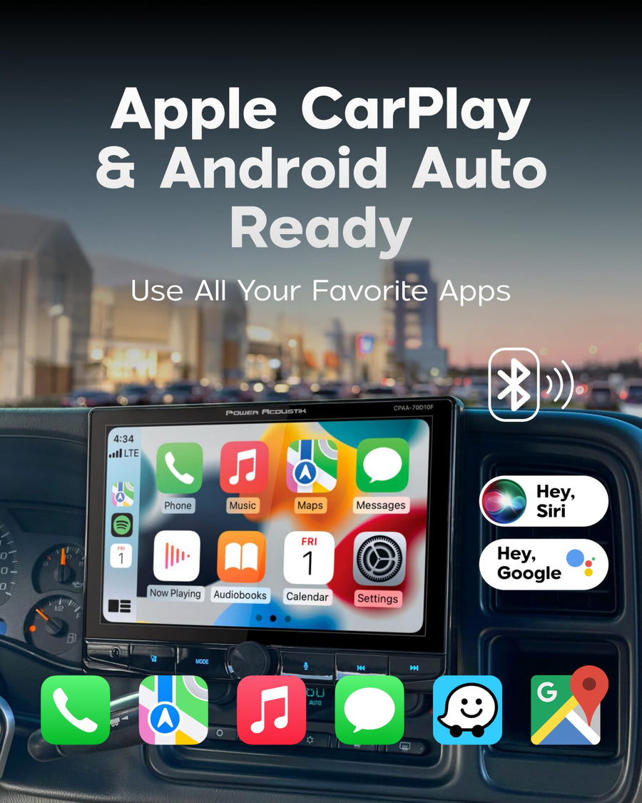 Car Stereo Power Acoustik CPAA-70D10F - Apple CarPlay & Android Auto Head Unit, 10.6" Floating Double DIN Touchscreen Car Stereo with Bluetooth, Aux Input, USB, SD, AM/FM Receiver, CD DVD Player