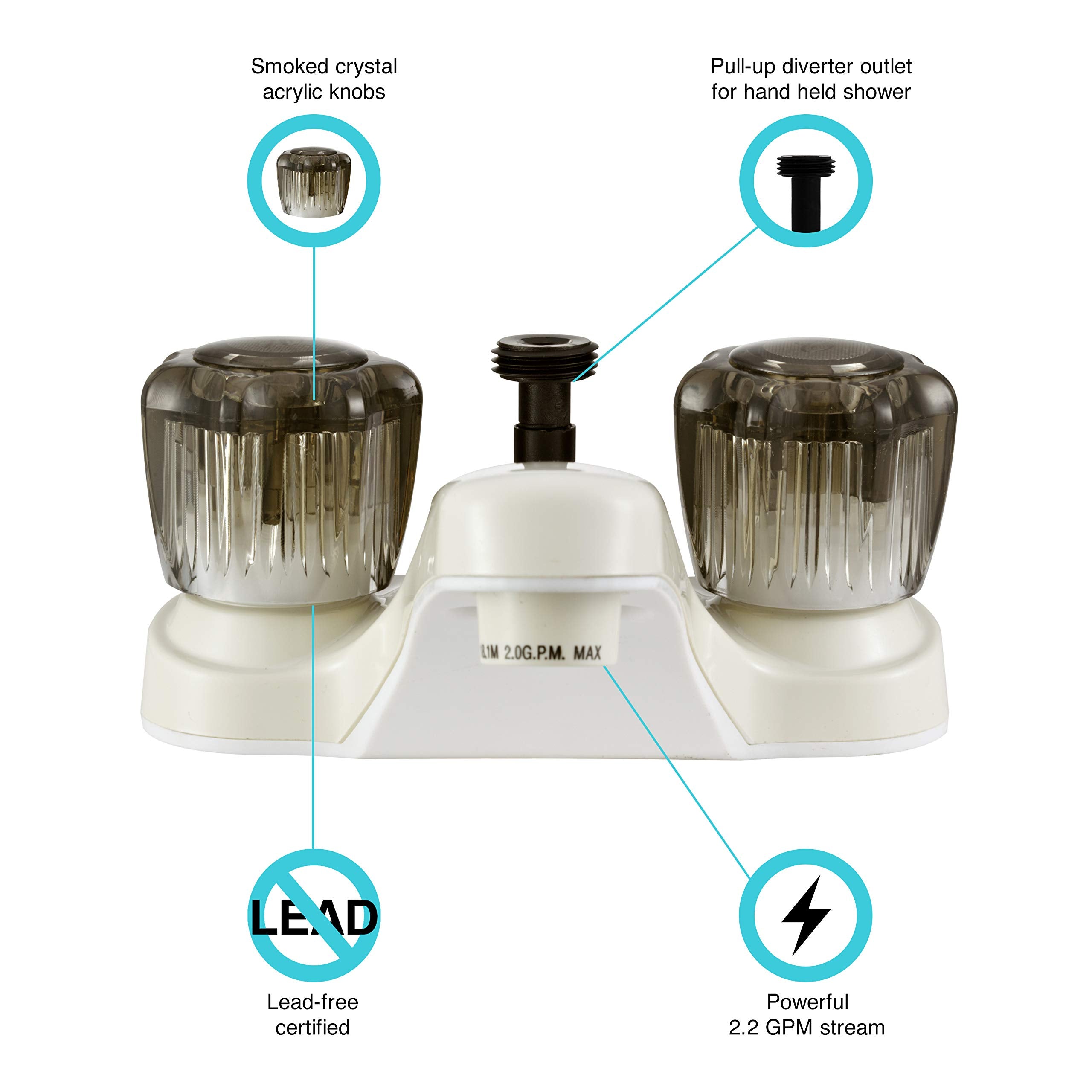 Dura Faucet RV Bathroom Faucet DF-PL720S-BQ with Smoked Acrylic Knobs and Shower Hose Diverter (Bisque Parchment)