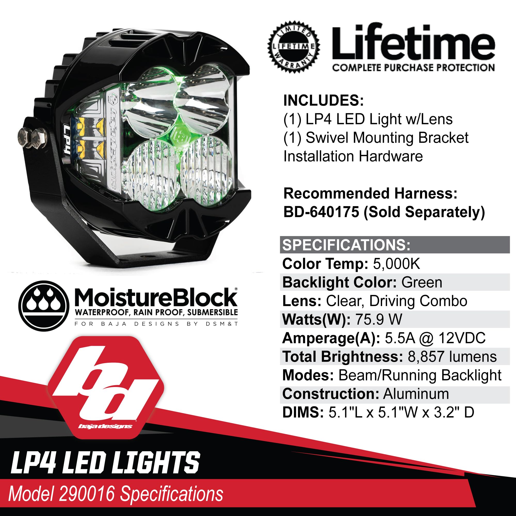 LP4 Pro Baja Designs LED Light Pod with Backlight - Universal Fit, Lifetime Protection (Driving/Combo; Green)