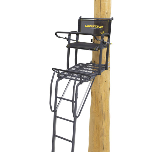 Lockdown™ Rivers Edge® Wide, 17' Height, Wide Flip-Up TearTuff™ Mesh Seat, The Ultimate Shooting Rail™, Patent-Pending Ground-Level Ratcheting Technology™, LD201