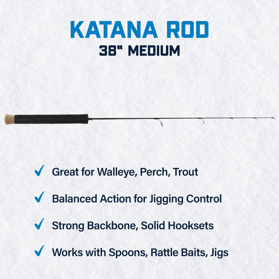 38” Katana Medium Ice Fishing Rod – 30T Solid Graphite Blank with Tsuka Lightweight Handle, Oversized Fly Guides & Carbon Construction – Strong, Lightweight Rod for Walleye, Trout & Predator Species