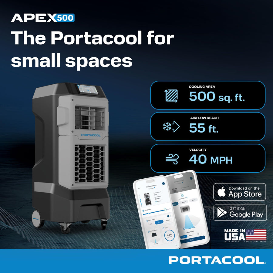 Apex 500 Portacool (PACA05001A1) – Wi-Fi Enabled High Velocity Portable Evaporative Cooler for 500 sq. ft. with up to 55-foot Reach, Oscillating Louvers, Programable, 13 Gallon Reservoir, Variable Spd