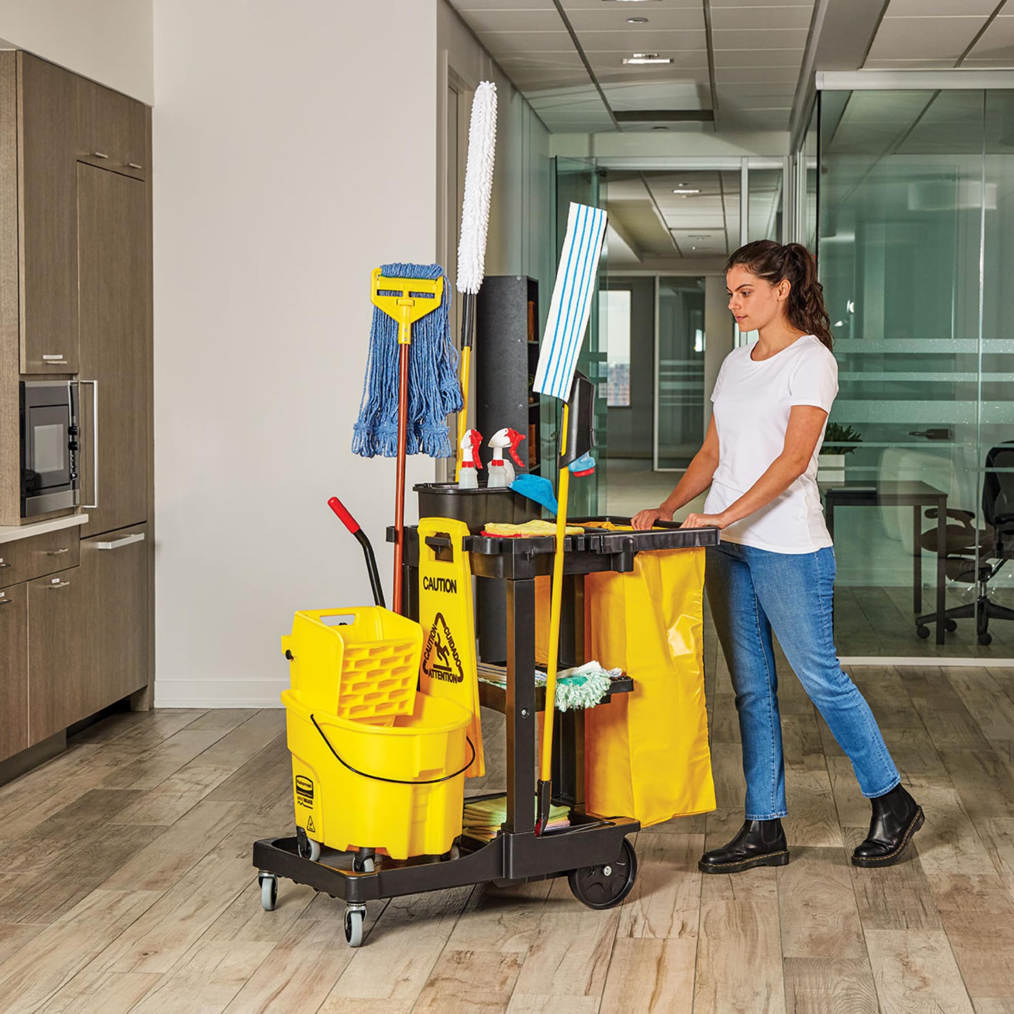 Rubbermaid Commercial 3-Shelf Traditional Janitorial Cleaning Cart, Wheeled with Zippered Yellow Vinyl Bag, for Business/School/Office/Janatorial Cleaning