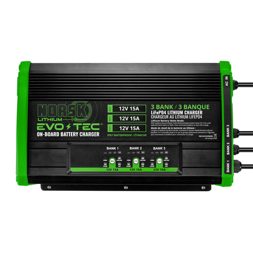 Norsk Lithium 12V+12V+12V EVO-TEC™ 15A 3-Bank On-Board Charger | Marine Battery Charger for LiFePO4, AGM, and Deep-Cycle Batteries