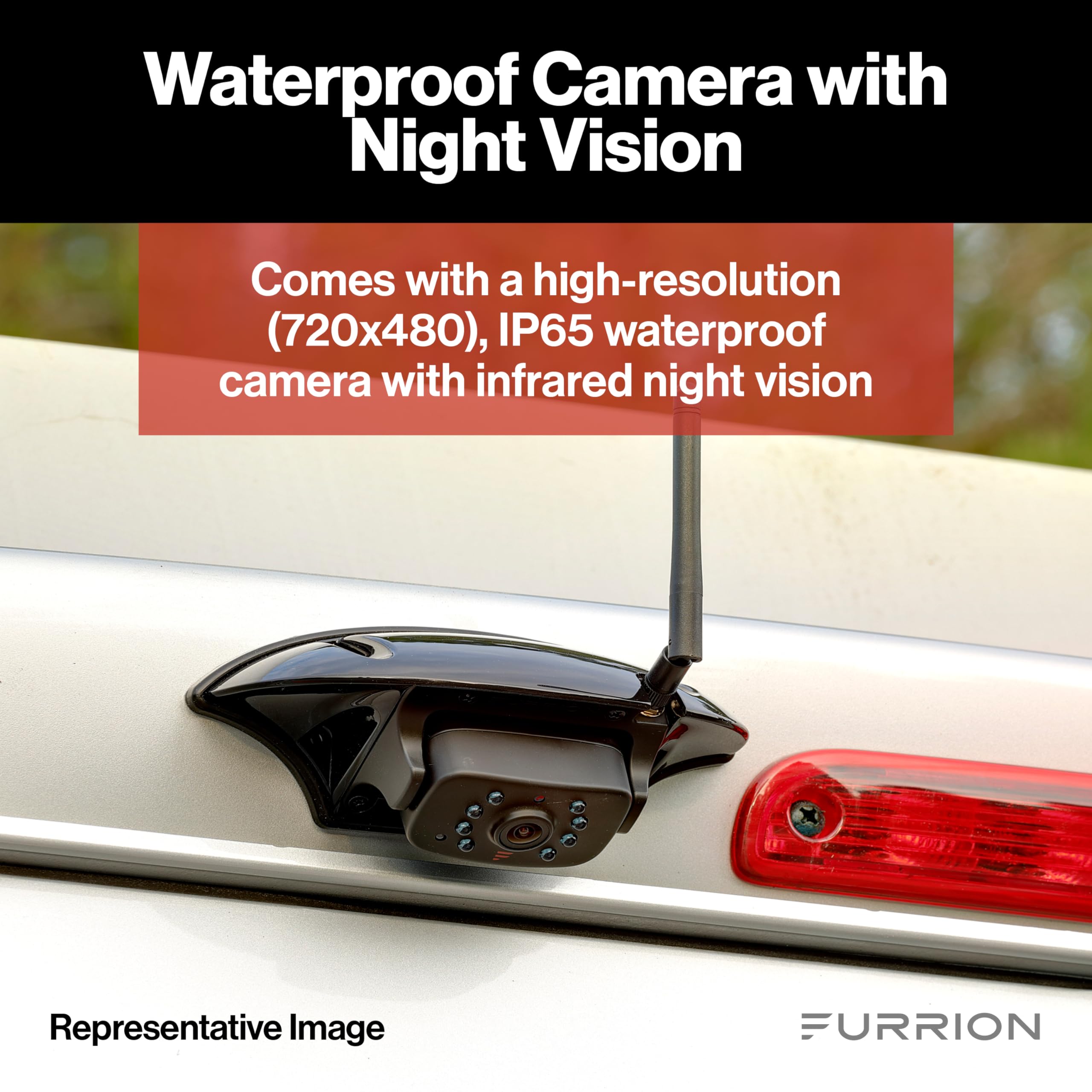 Furrion Wireless Vision S RV Backup Camera System with 4.3-Inch Monitor, 1 Rear Sharkfin, Infrared Night Vision, Wide-Angle View, Hi-Res, IP65 Waterproof, Motion Detection, Microphone - FOS43TASF