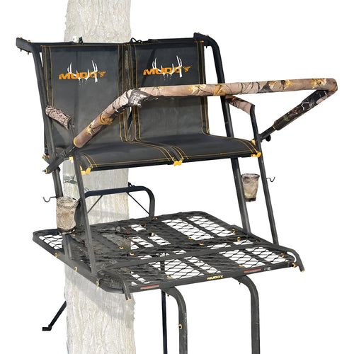 2-Person MUDDY Nexus XTL Steel Ladder Tree Stand, 20 ft Tall, 500 lb Capacity - Heavy-Duty Hunting Treestand with Flex-Tek Seat, Footrest, Padded Shooting Rail, Cup Holders & Safety Hooks