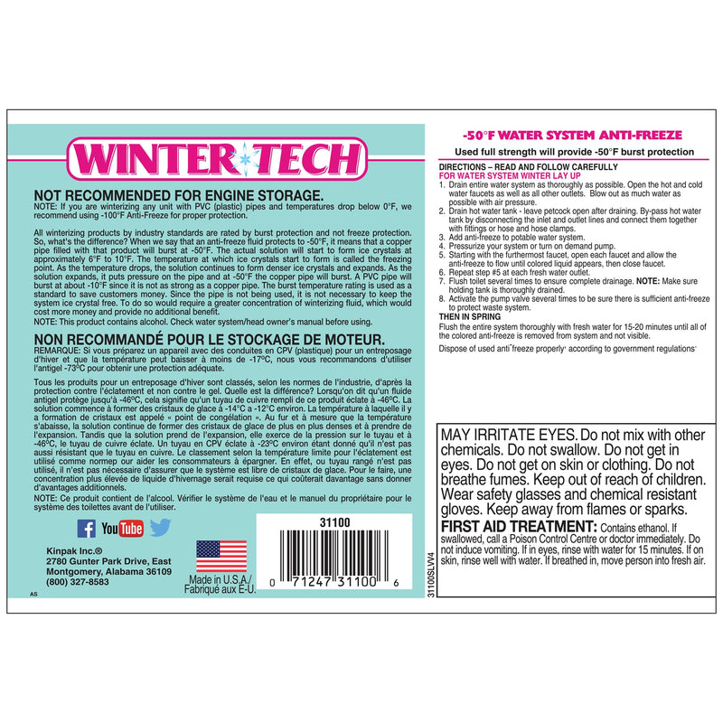 Winter Tech STAR BRITE -50°F Water System Antifreeze – Ready-to-Use Formula, Protects Pipes and Water Systems from Burst Damage, Ideal for RVs, Boats, and Seasonal Homes