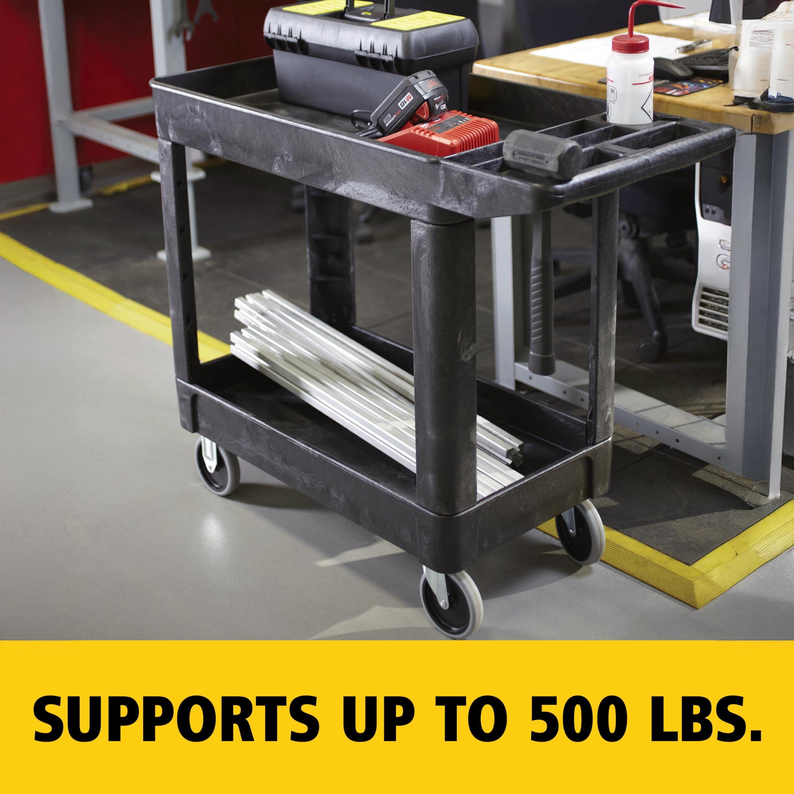 Rubbermaid 2-Shelf Commercial Products Utility/Service Cart, Small, Lipped Shelves, Storage Handle, 500 lbs. Capacity, for Warehouse/Garage/Cleaning/Manufacturing
