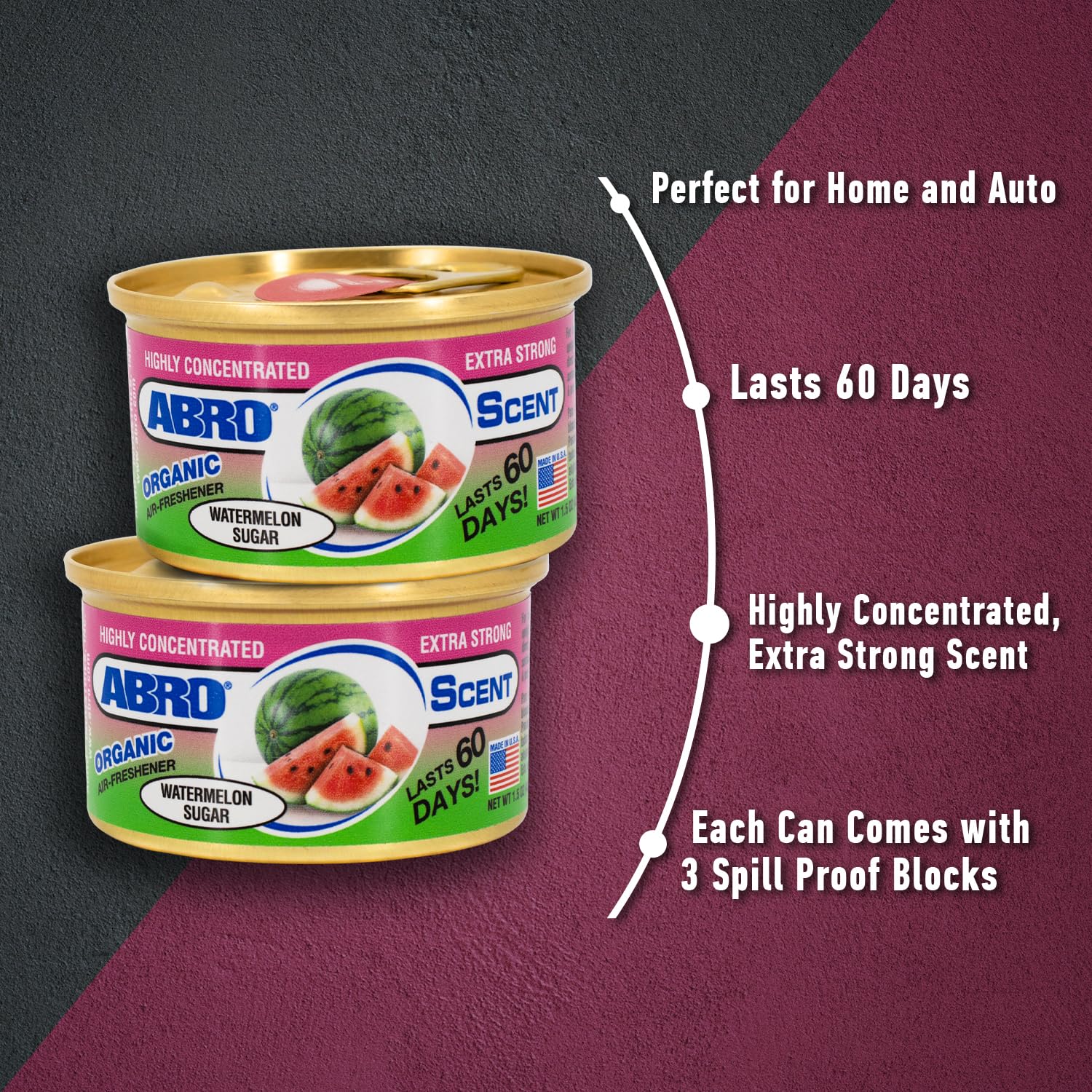 ABRO Air Freshener Car Cans: Spill Proof Air Fresheners for Home, Office, or Car Accessories, Lasts Up to 60 Days - 1 Pack Watermelon Sugar Scent