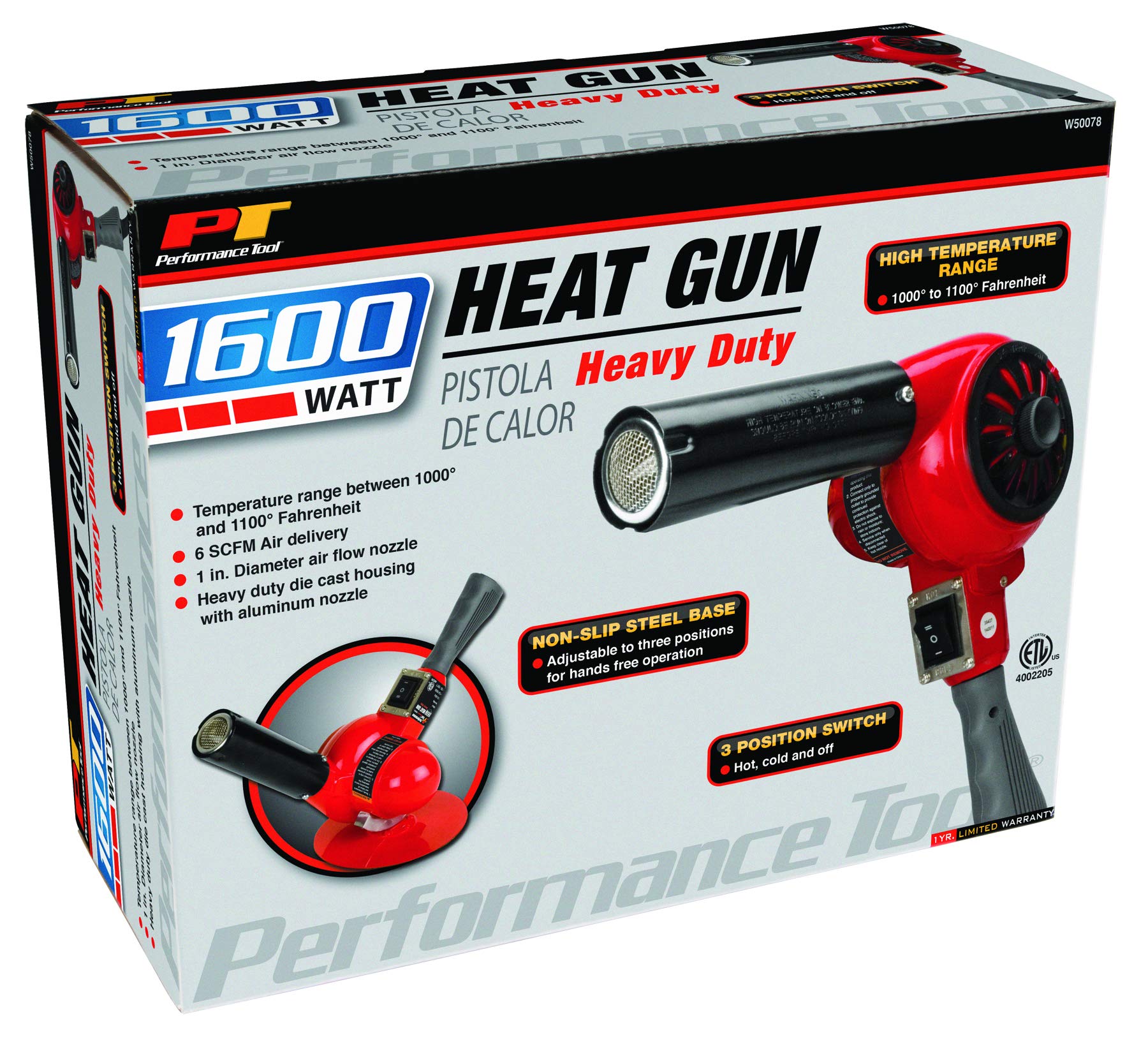 Heavy Duty Performance Tool W50078 Heat Gun, 1100-Degree Fahrenheit, 1600-watt Professional Heat Gun