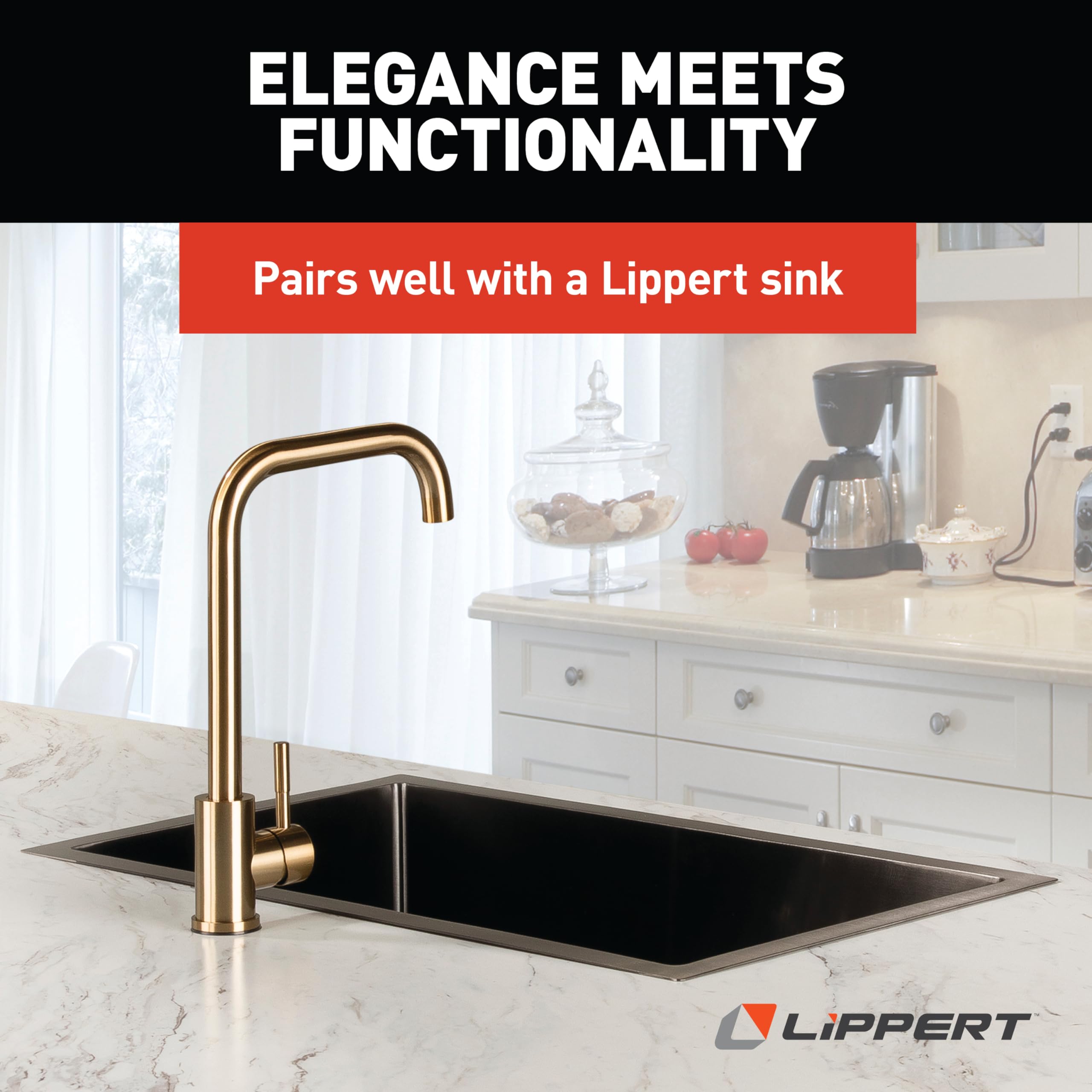 Lippert Gooseneck Flow Max Square Head Kitchen Faucet with 304-Grade Stainless Steel Construction, Single-Handle Operation, Single-Hole Installation, 360-Degree Swivel, 2.2 GPM Flow Rate - 2024000066