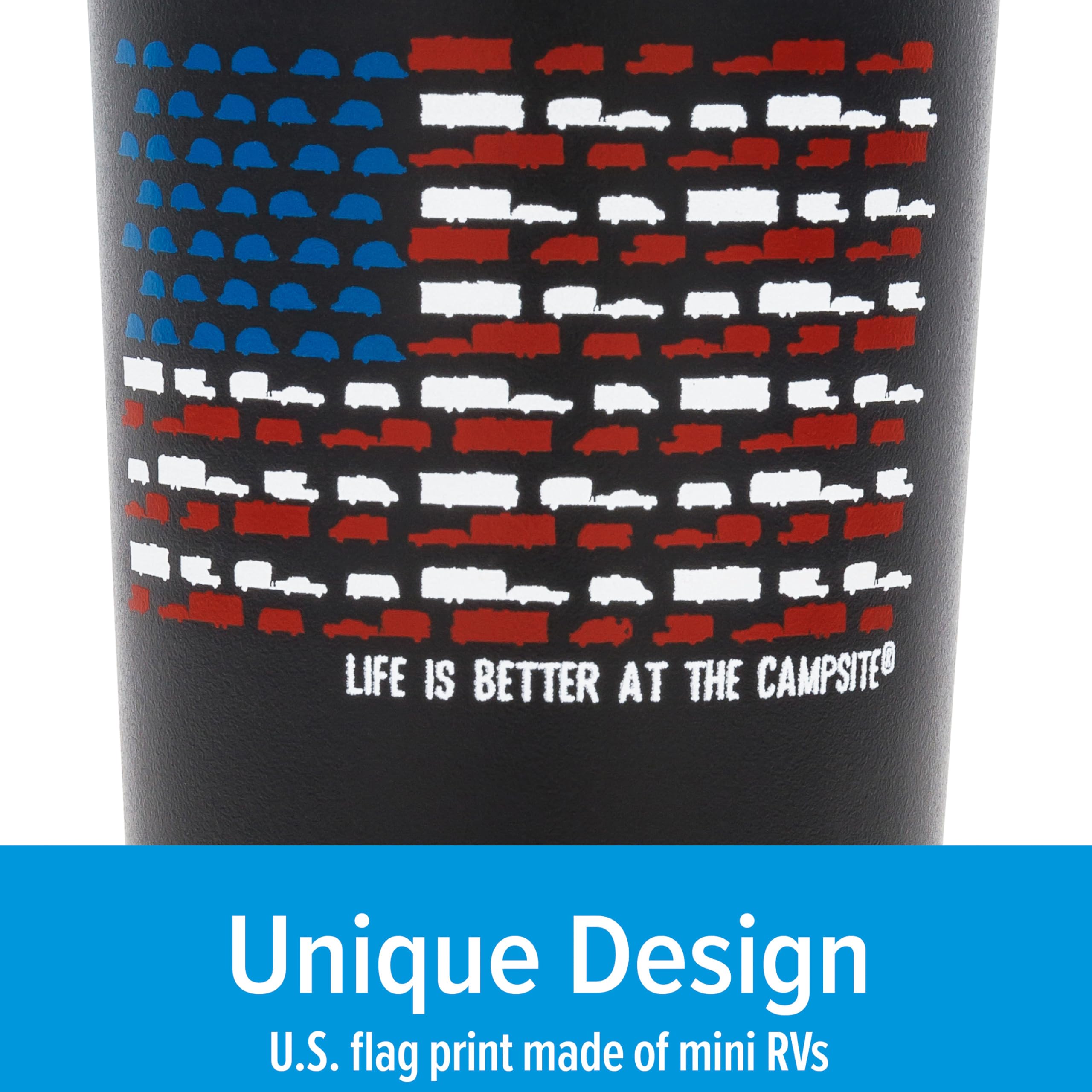 Wrapped Stainless Steel Tumbler Camco Life is Better at The Campsite - Features Double Wall Vacuum Insulation for Heat/Ice Retention & Unique RV USA Flag Design - Holds 20 oz. (53065)