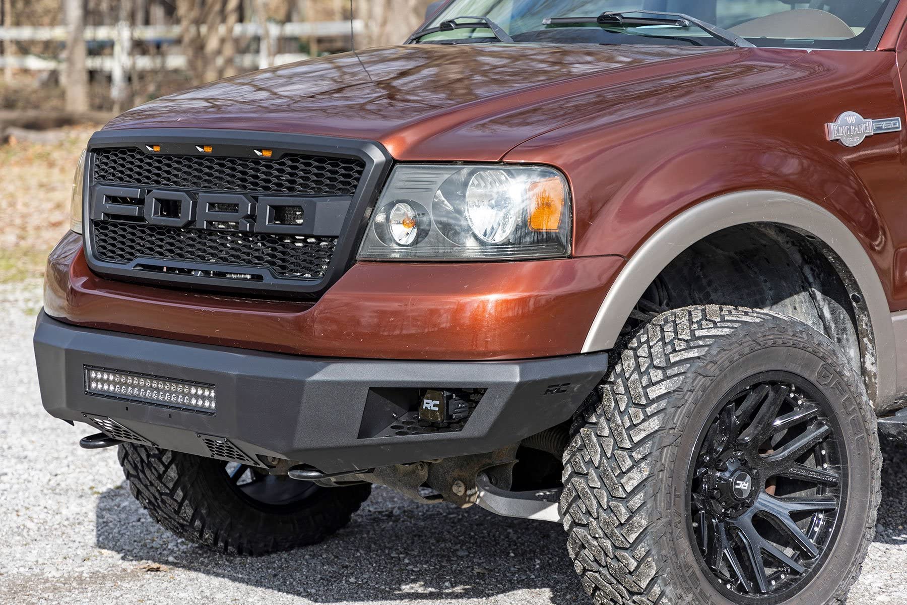 Front Rough Country LED Bumper for Ford F-150 (2004–2008) - Heavy-Duty Steel, Includes 20" LED Light Bar & (4) 2" LED Cubes, No-Drill Install