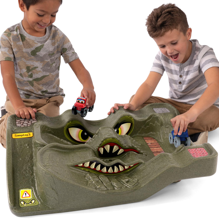 Simplay3 Extreme Wheels Monster City Car Race Track Table - 2 Sided Portable Kids Play Table with 2 Race Trucks - Green - Made in USA