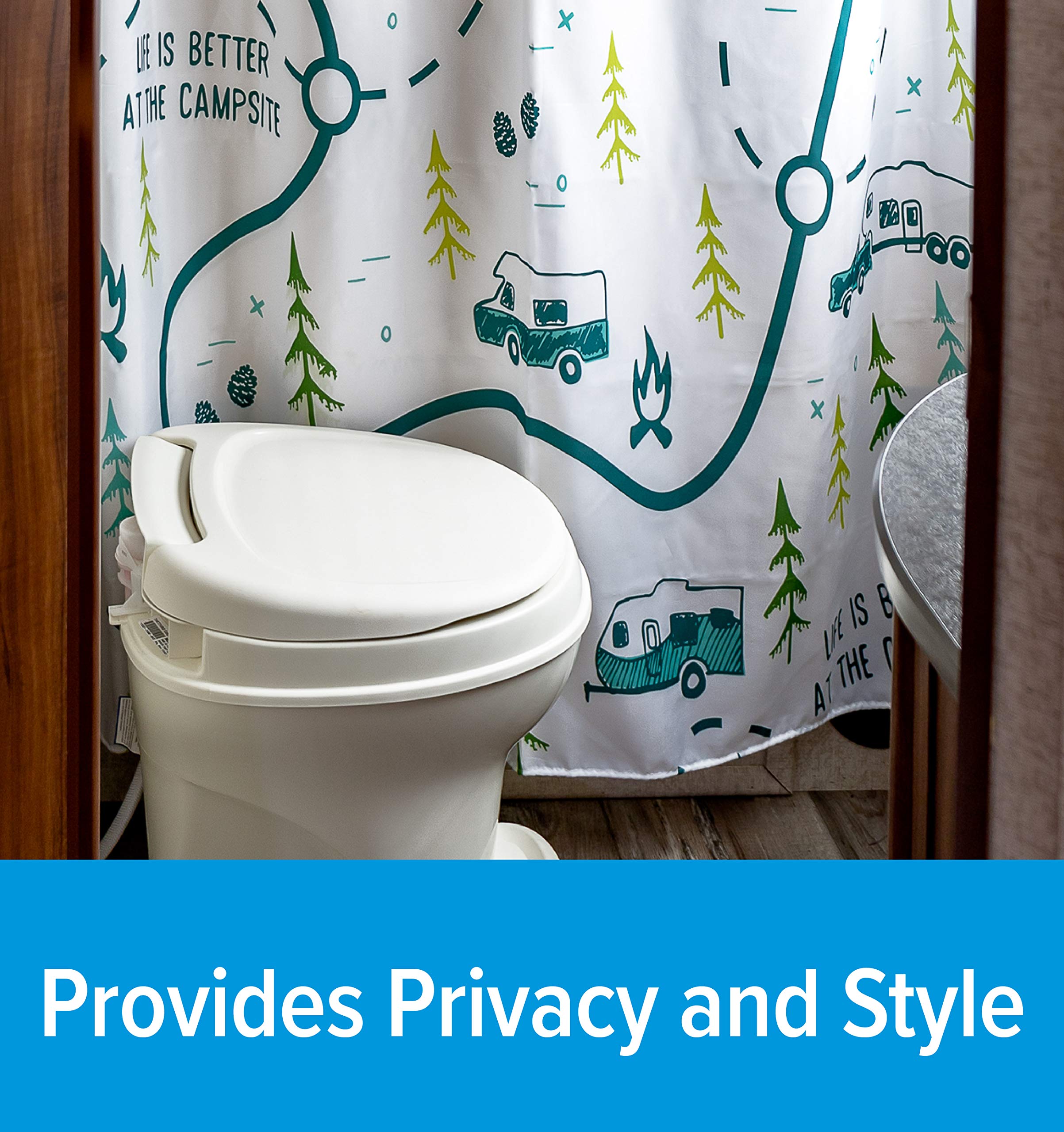 Camco RV-Sized Shower Curtain, Life is Better at The Campsite Features Map Design - Sized to Fit Most RV Showers - Includes (12) Plastic Rings (53245)