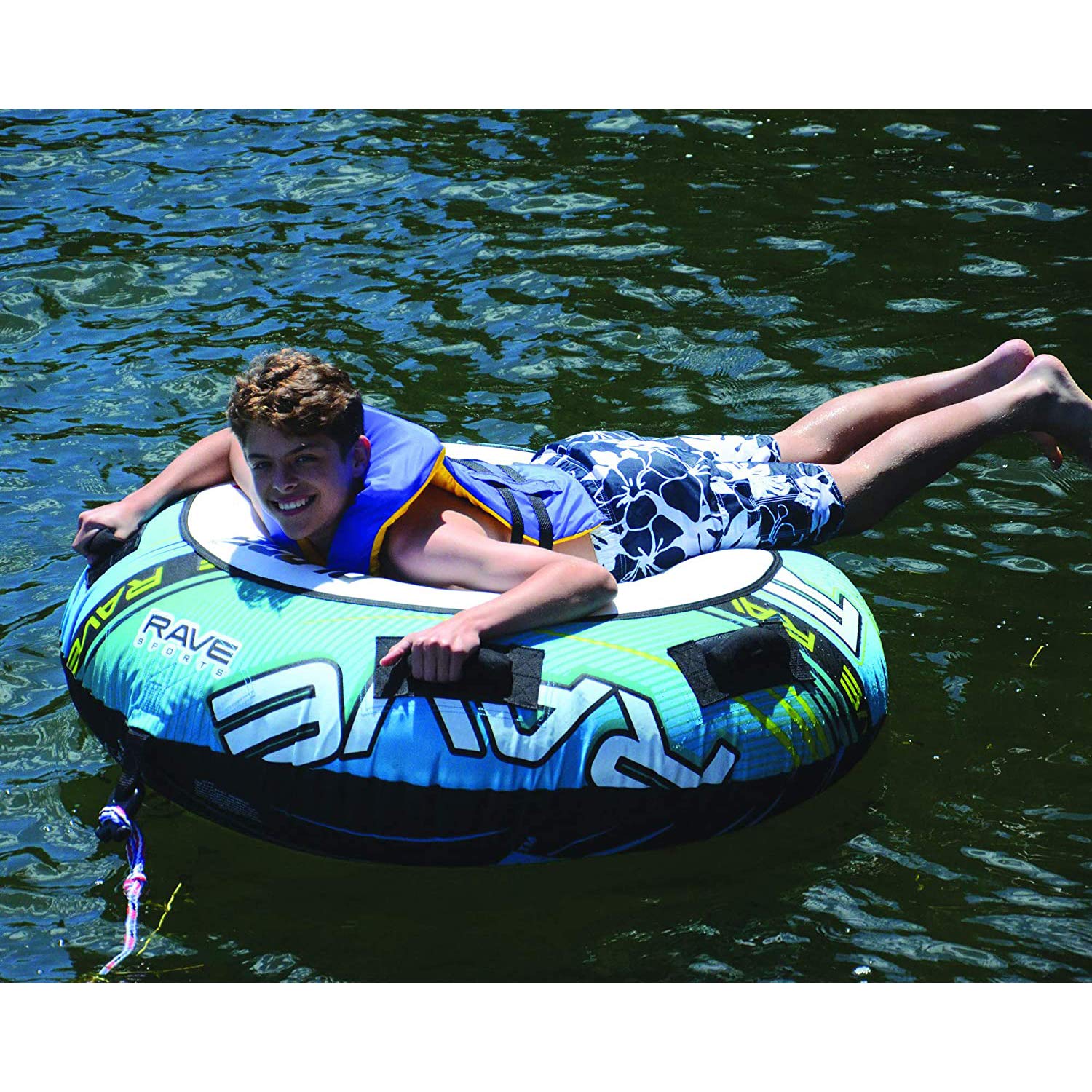 Rave Sports Inflatable Blade Towable Tube, 1 Rider, Unique Skim-Fast Bottom Coating, Nylon Cover, Four Foam-Filled Reinforced Handles, Quick Connect Tow Point, Boat Tubes and Towables, Stable Ride
