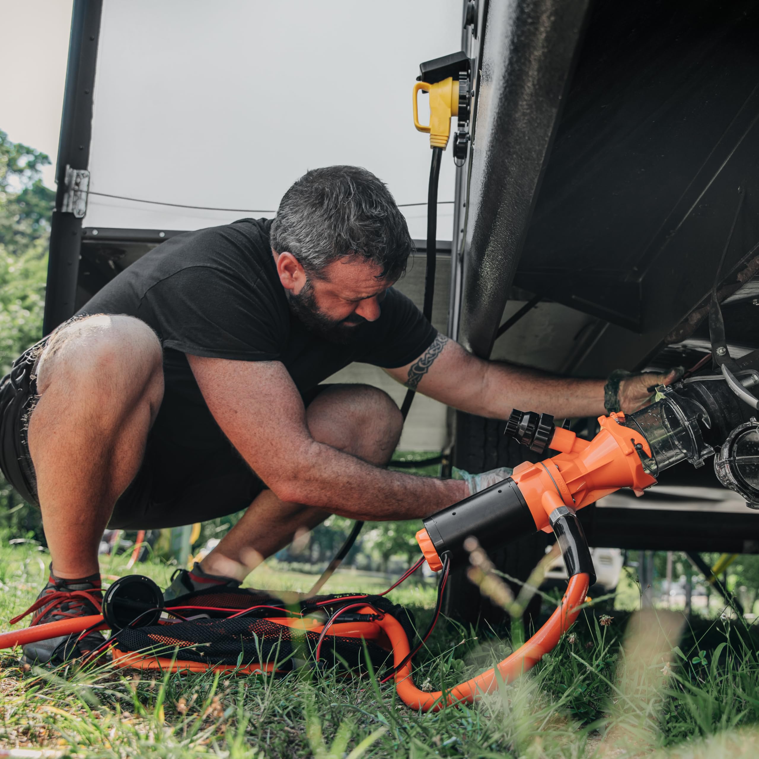 Camco Rhino Sewer Camper/RV Macerator Pump System - VortexCore Technology Grinds Sewer Waste into 1/8” Pieces - Versatile for Any Location - 4-in1 Adapter, Self-Priming Pump & 15’ Water Hose (39040)