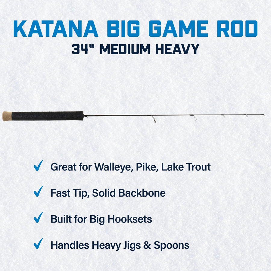 Katana Ice Fishing Rod CLAM – 38" Medium Heavy – 30T Solid Graphite Rod with Tsuka Lightweight Handle, Oversized Fly Guides & Carbon Blank – High Sensitivity & Strength for Larger Species