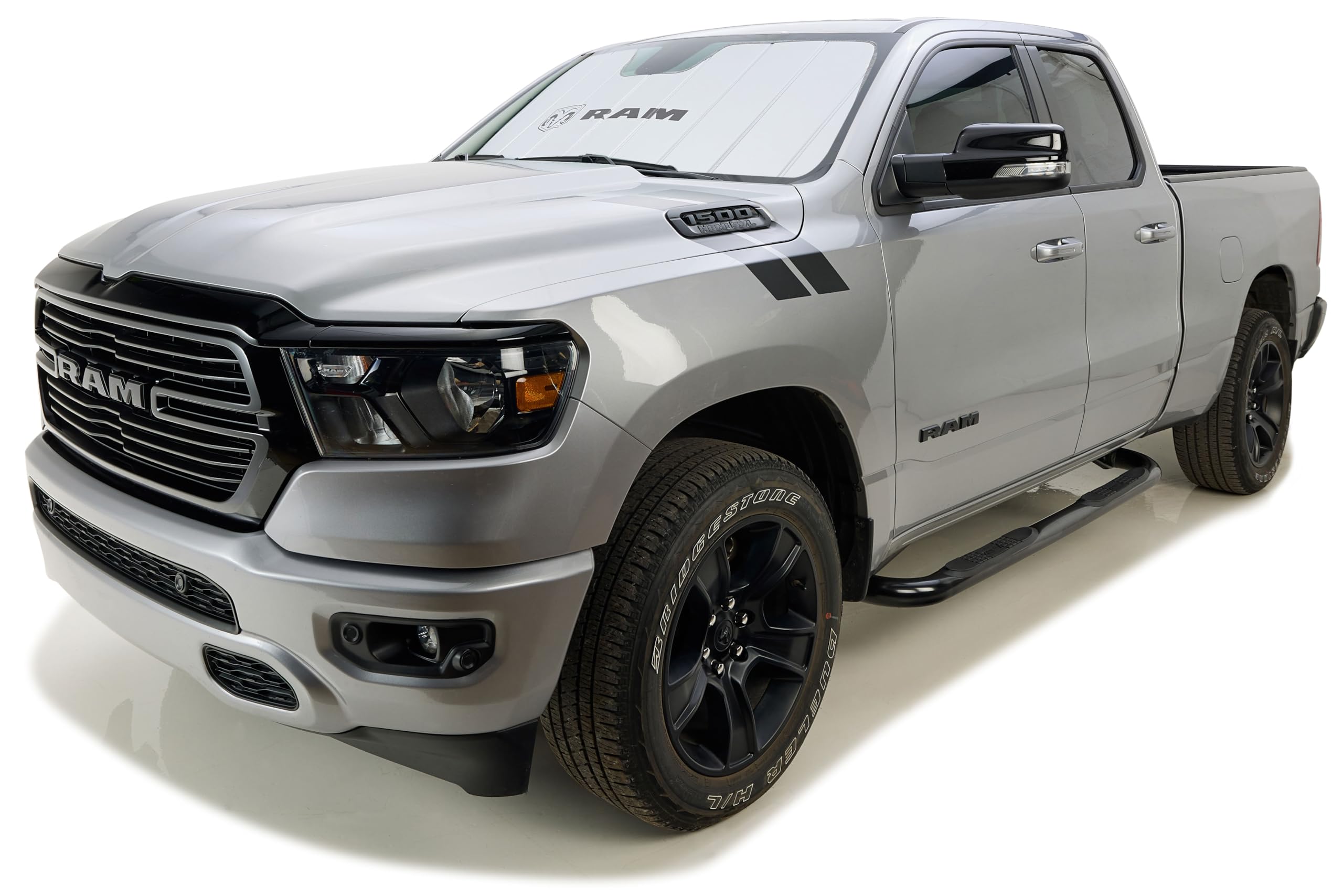Covercraft Horizontal Logo Ram Truck UVS100 Original Sunscreen | Fits 2019-2024 2500/3500/4500/5500 w/Large 10 Inch Wide Sensor Attached to Rearview Mirror | Silver