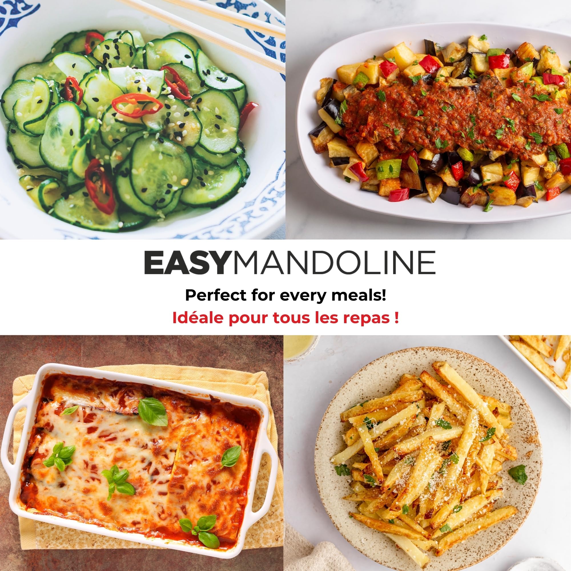 Easy Starfrit Mandoline Slicer, Dicer - 5-Blades and Graters - Straight & Crinkle Blades, Julienne, Grater & Shredder - Self-Feeding Pusher - Catch Base for Storage and Food Container