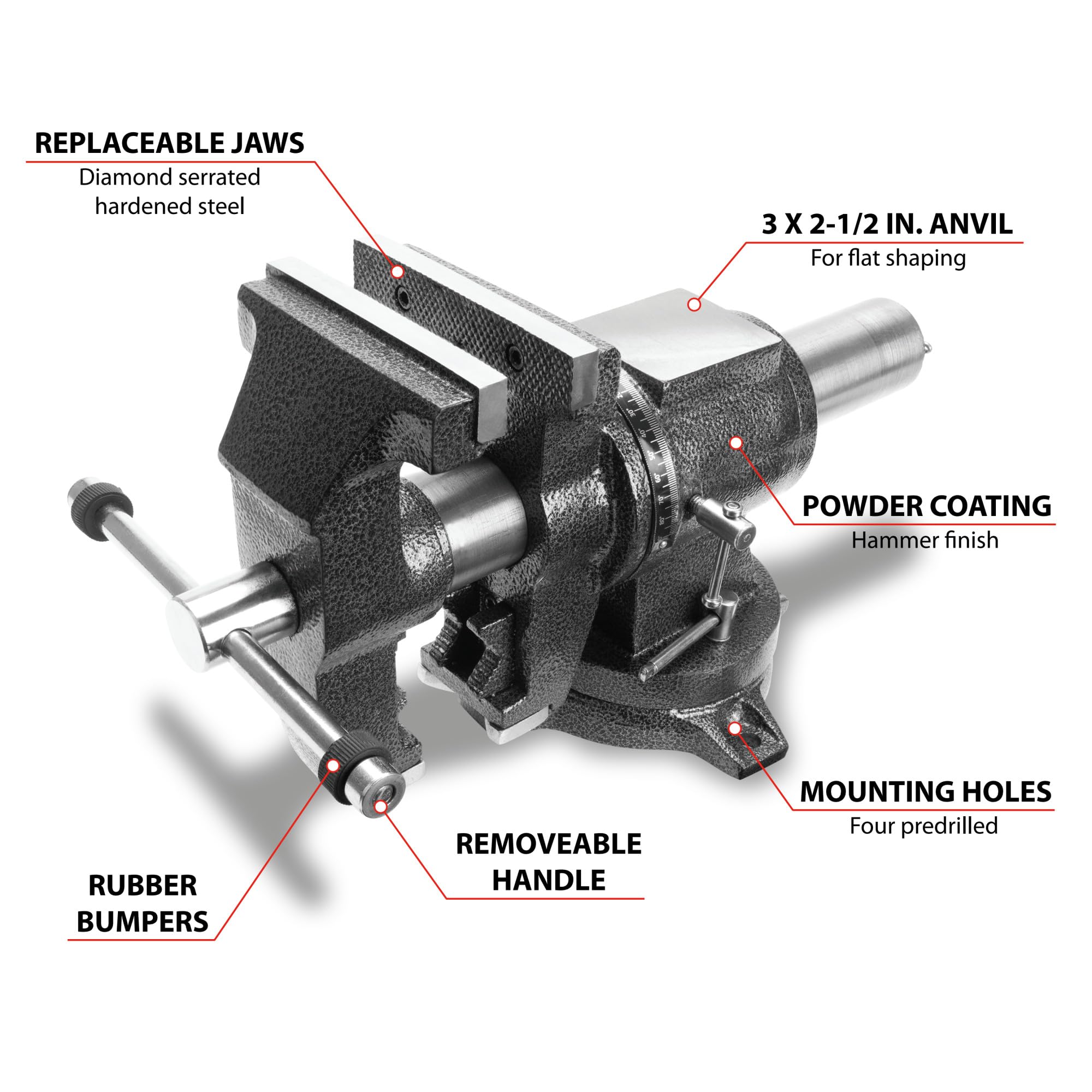 Performance Tool 5 in. Multi-Purpose Vise for Heavy-Duty Clamping and Precision Work, Ideal for Woodworking, Metalworking, and DIY Projects