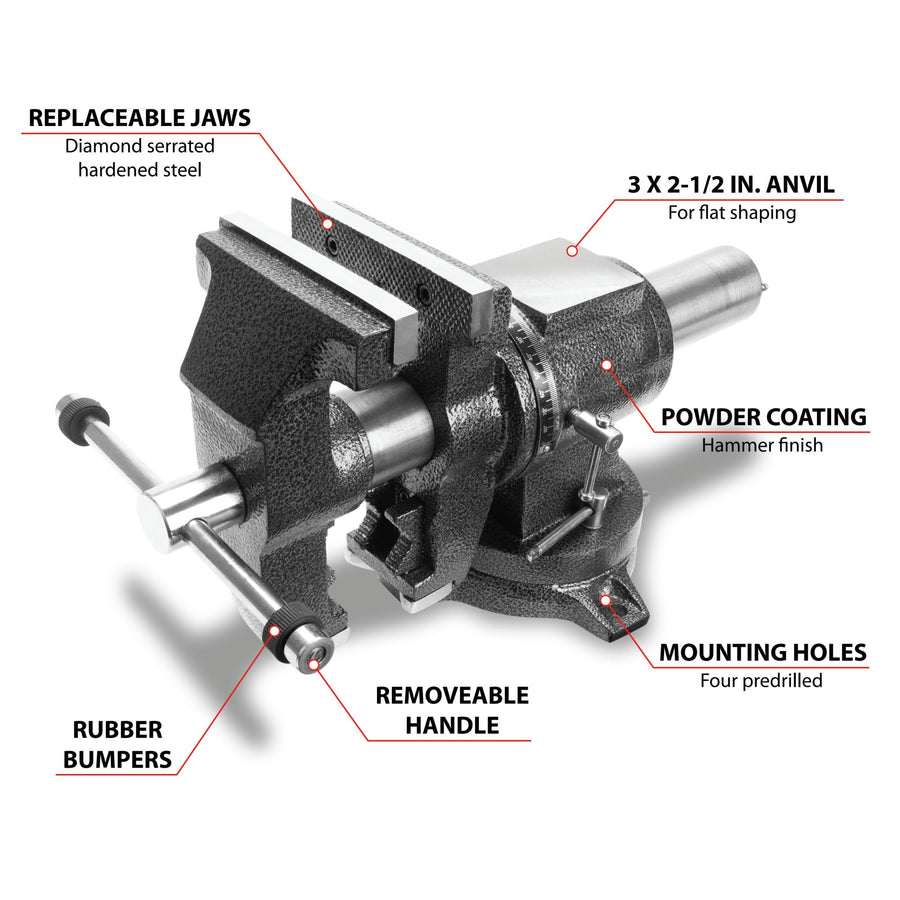 Performance Tool 5 in. Multi-Purpose Vise for Heavy-Duty Clamping and Precision Work, Ideal for Woodworking, Metalworking, and DIY Projects