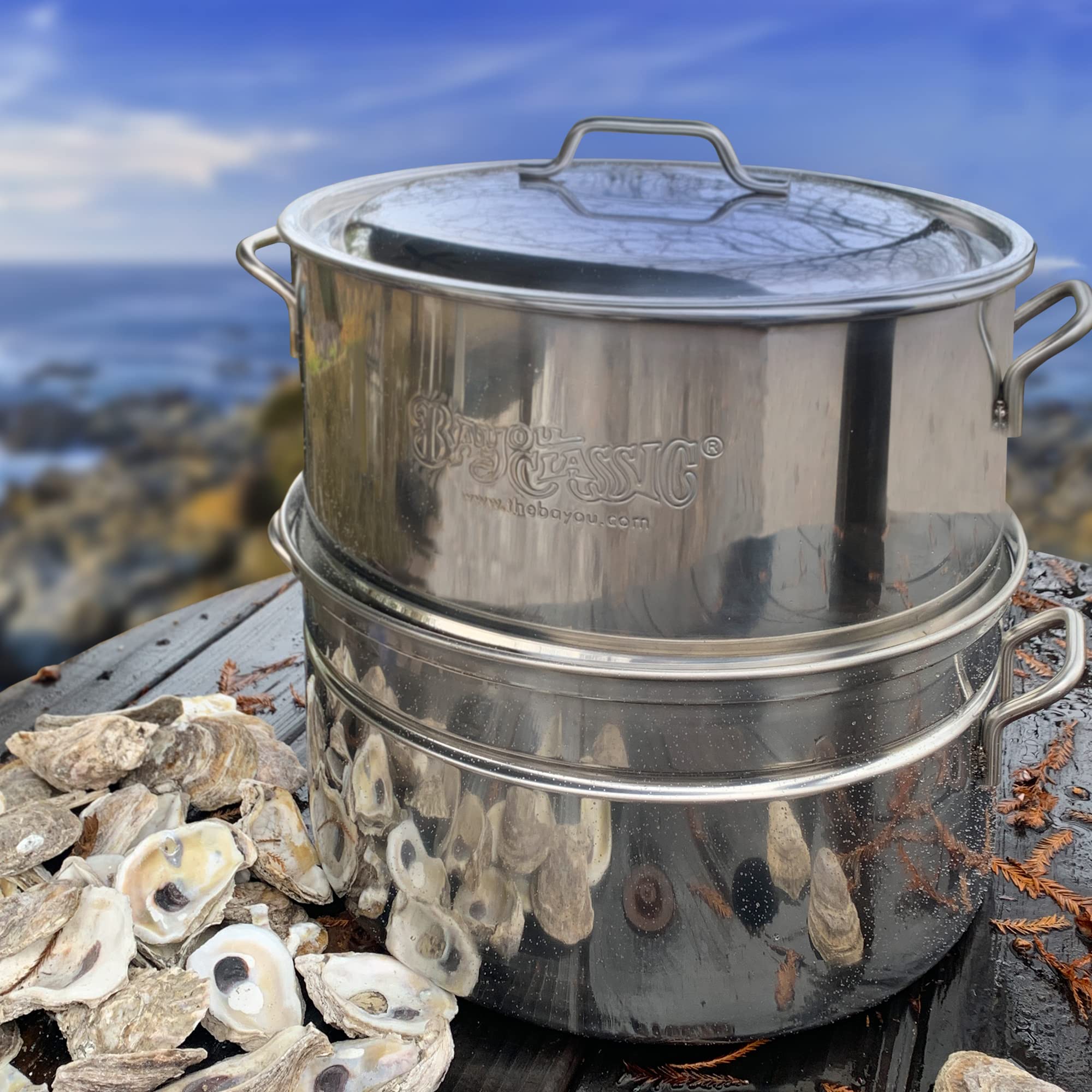 Bayou Classic Stainless Oyster Steamer 300-505 Features Heavy Welded Loop Handles Domed Vented Lid Perfect For Steaming Up To A Half Bushel of Seafood and Vegetables