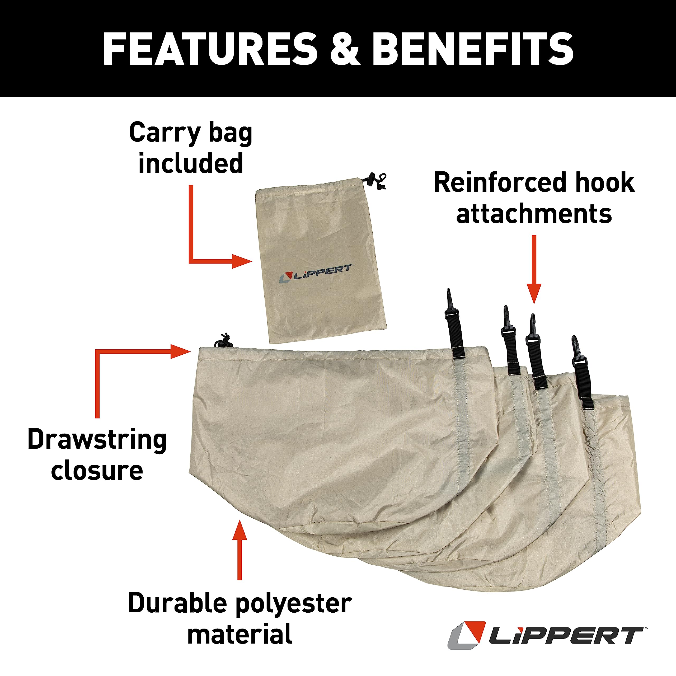 Lippert Sandbags for Stabilizing Picnic Popup Gazebo, Tents, Canopies, Shelters, 14-1/4" x 14-1/4" x 11" Durable Polyester 4-Pack, Plus Carrying Bag, Cinch Drawstring Closure - 2022120599