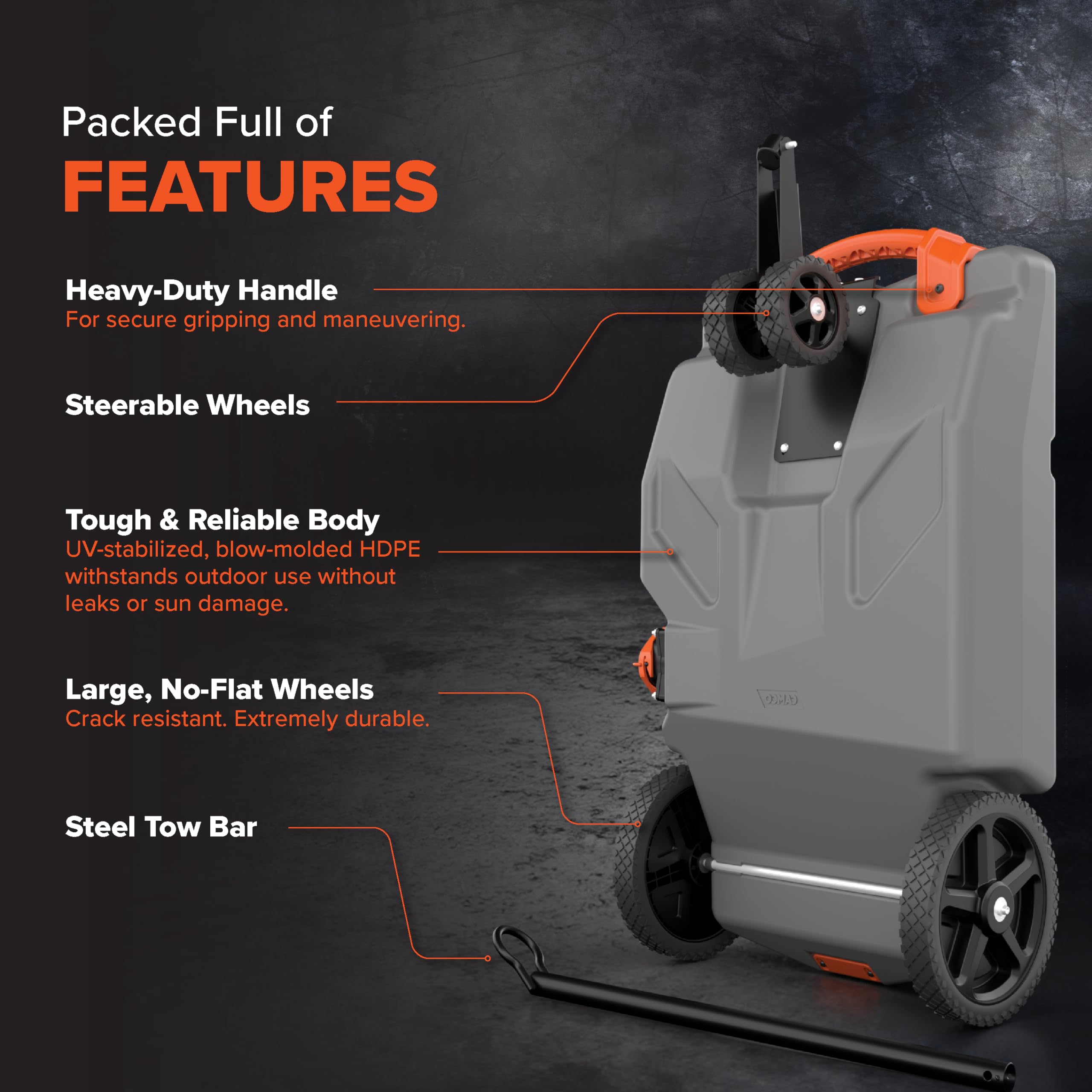 Camco 36-Gallon Rhino Portable RV Tote Tank - Features 2 Steerable No-Flat Front Wheels & Built-in Gate Valve - Includes Removable 24" Tow Bar, 3’ Sewer Hose & More RV Accessories (39007)