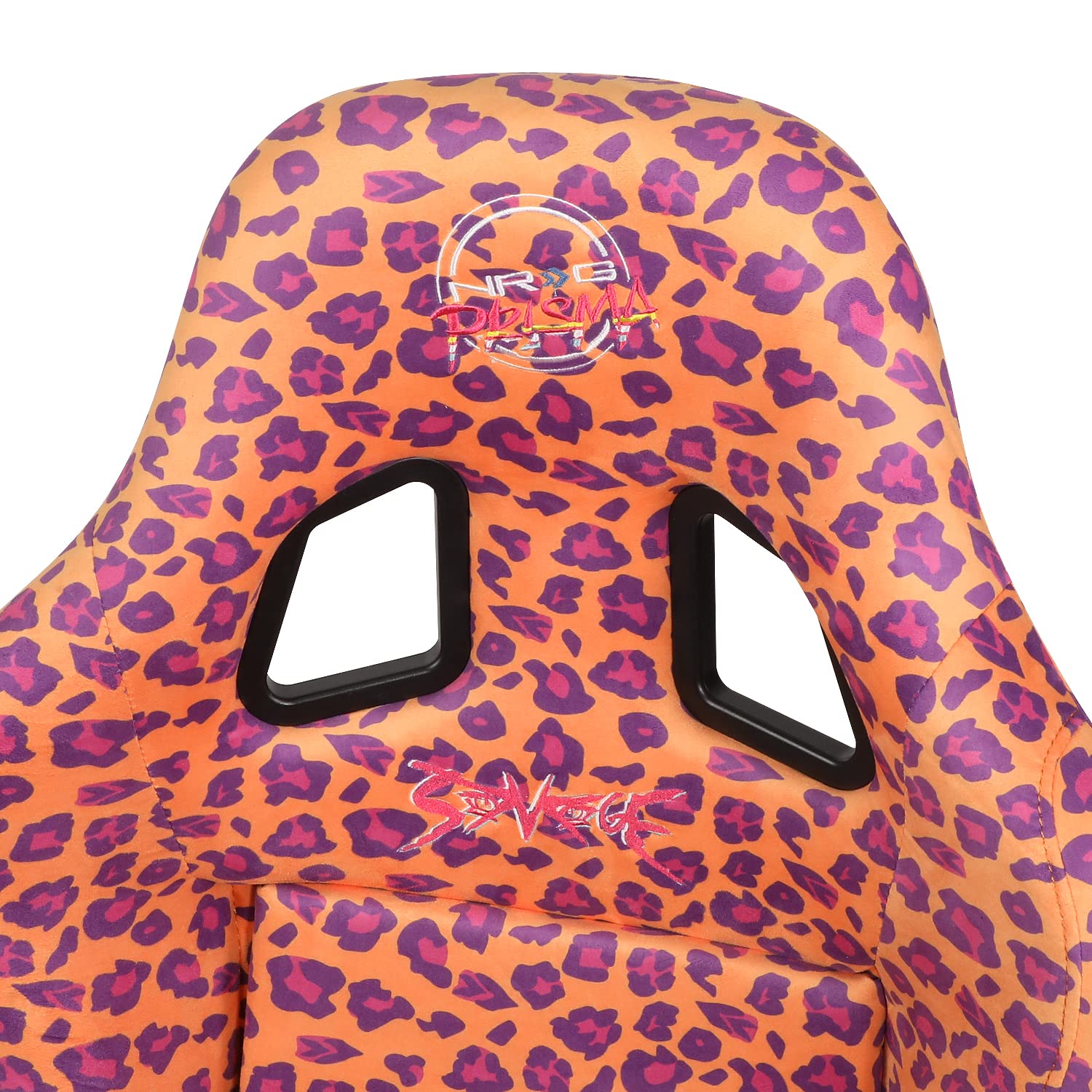 NRG Innovations Prisma Fixed Back Bucket Racing Seat NRG-FRP-303-OR-SAVAGE with Bottom Mount Bracket, Orange Savage Leopard Print Fabric White Pearl Back, 22" W X 34" H X 16" D