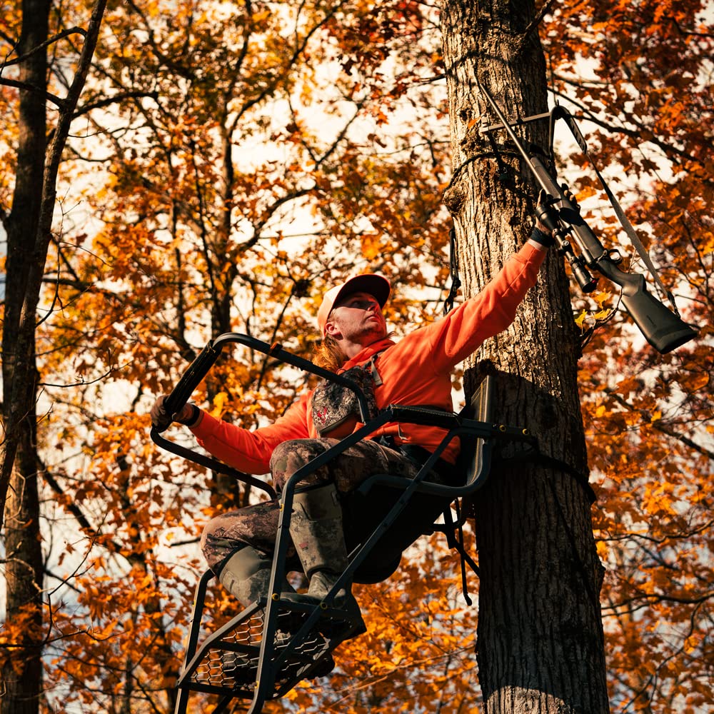 Relax Wide™ Rivers Edge 1-Man Ladder Stand, 16’9” Height, Wide TearTuff Mesh Seat, 23” Wide Platform, Removable Padded Shooting Rail, RE664