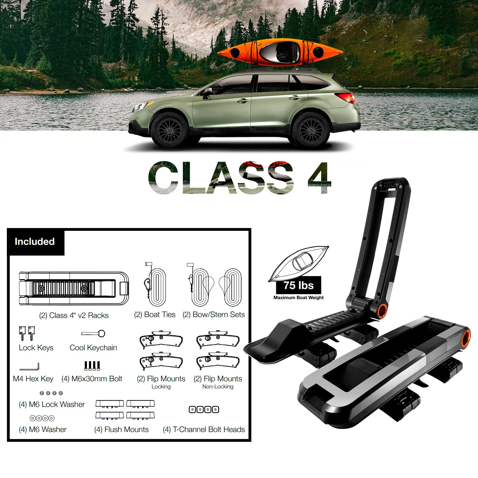 Folding J-Style KUAT Class 4 V2 Kayak Hauling Rack | Durable Rubber-Protected Universal Car SUV Rooftop Crossbar Mounted Boat Transportation System - Gray