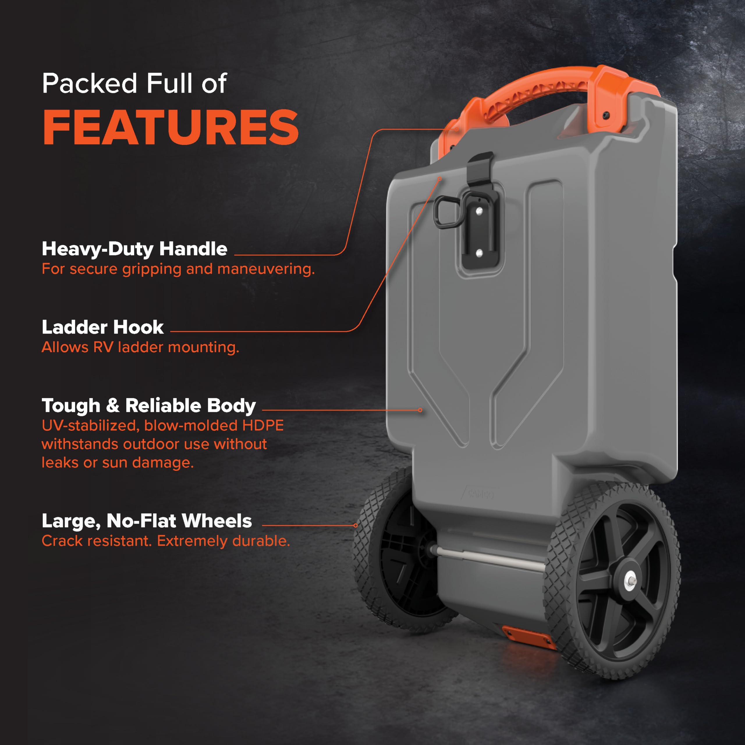 Camco 21-Gallon Rhino RV Portable Waste Tank - Features Large Heavy-Duty No-Flat Wheels & Low Drain Hole - Includes Removable Steel Tow Adapter, 3’ Sewer Hose & More RV Accessories (39002)