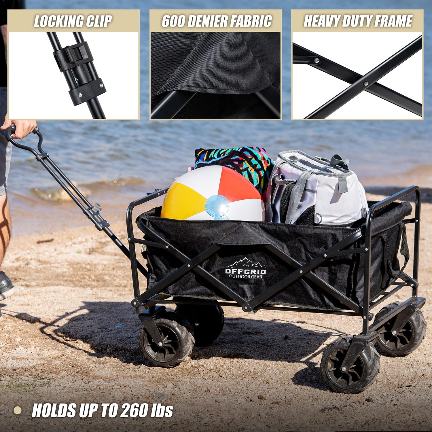 OFFGRID Raptor Series Folding Wagon Cart Heavy Duty Collapsible Steel Frame Utility Garden Wagon Large Capacity 260lbs Adjustable Handle Big Wheels Outdoor Travel Use - Black