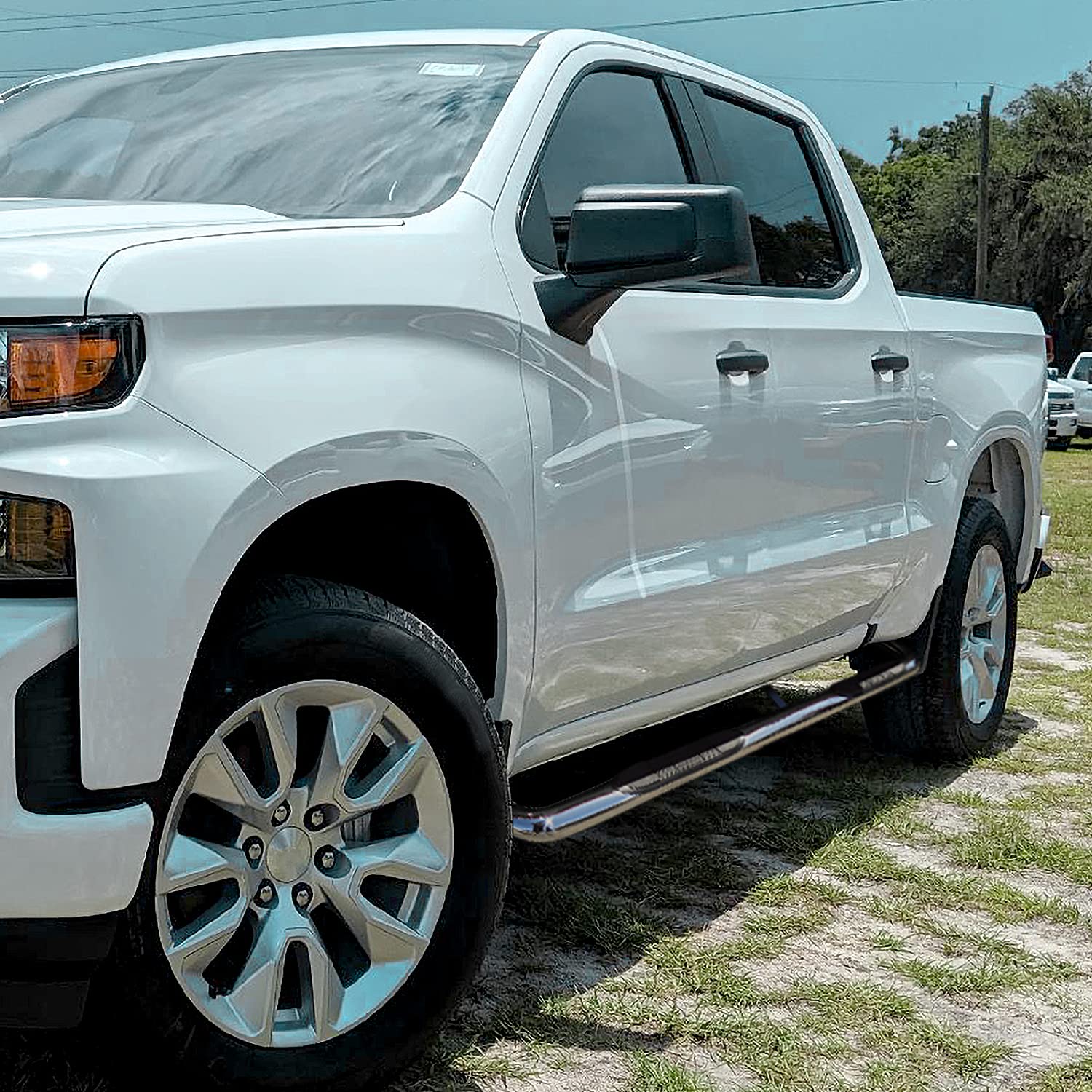 3" Stainless Steel Round Chrome Polished Side Step Bars Spec-D Tuning Compatible with 2019-2023 Chevy Silverado 1500 Crew Cab, 2020-2024 Silverado 2500 3500, L+R Pair
