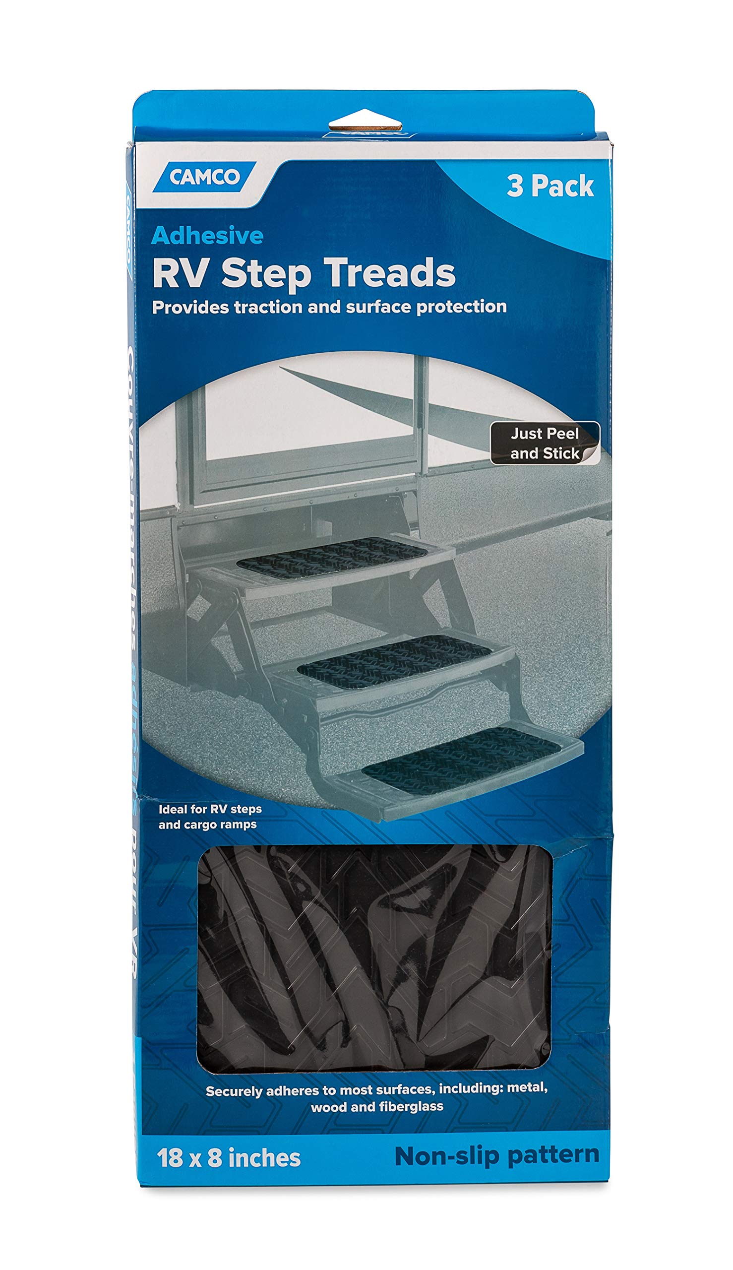 Camco RV Step Treads 42970, 3 Pack - Ideal Traction and Surface Protection for RV Steps and Cargo Ramps - Securely Adheres to Most Surfaces, Black