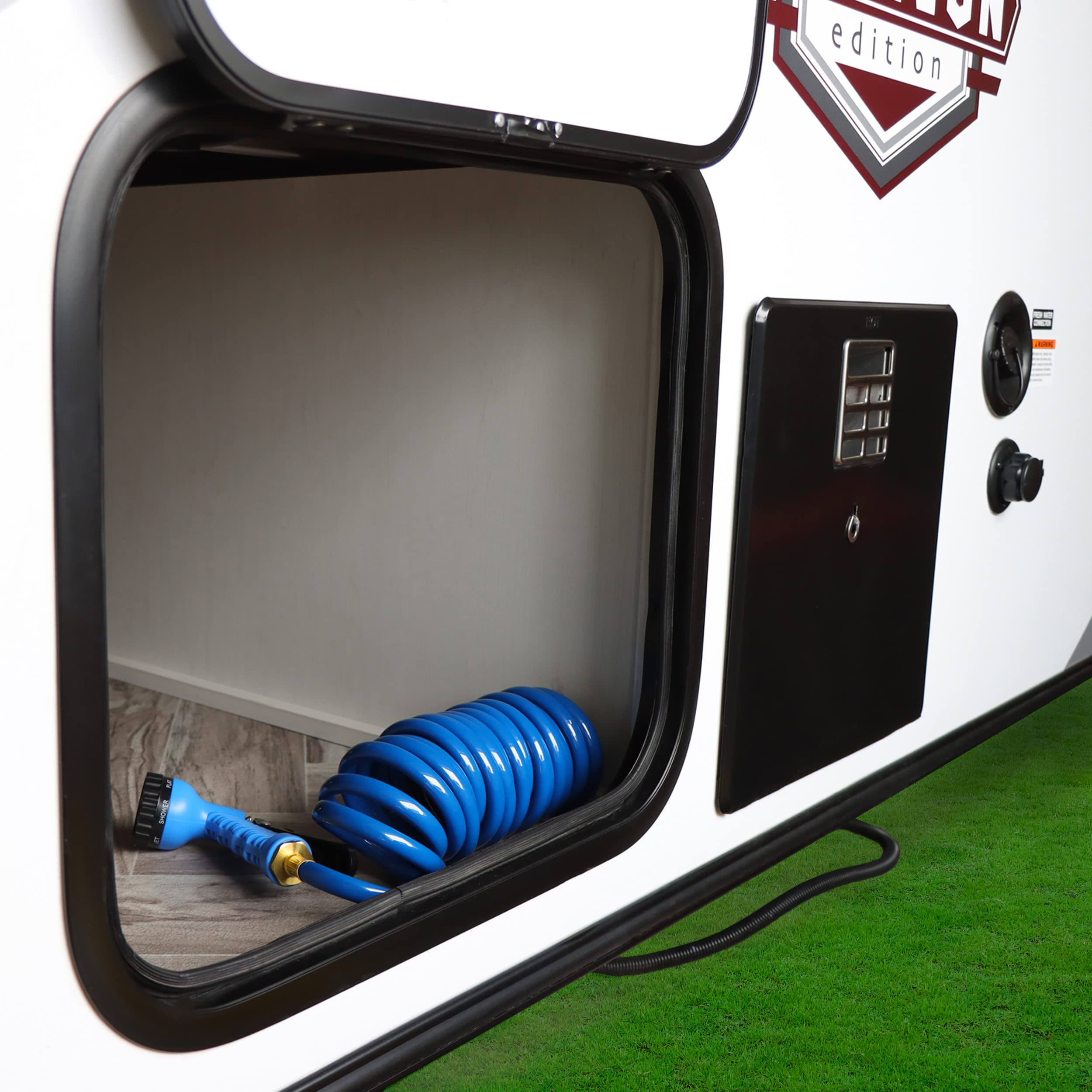 RV Potable Water Hose Set Empire Faucets - 15ft Blue Coil Hose and 7-Function Sprayer - Recoiling Spiral Water Hose