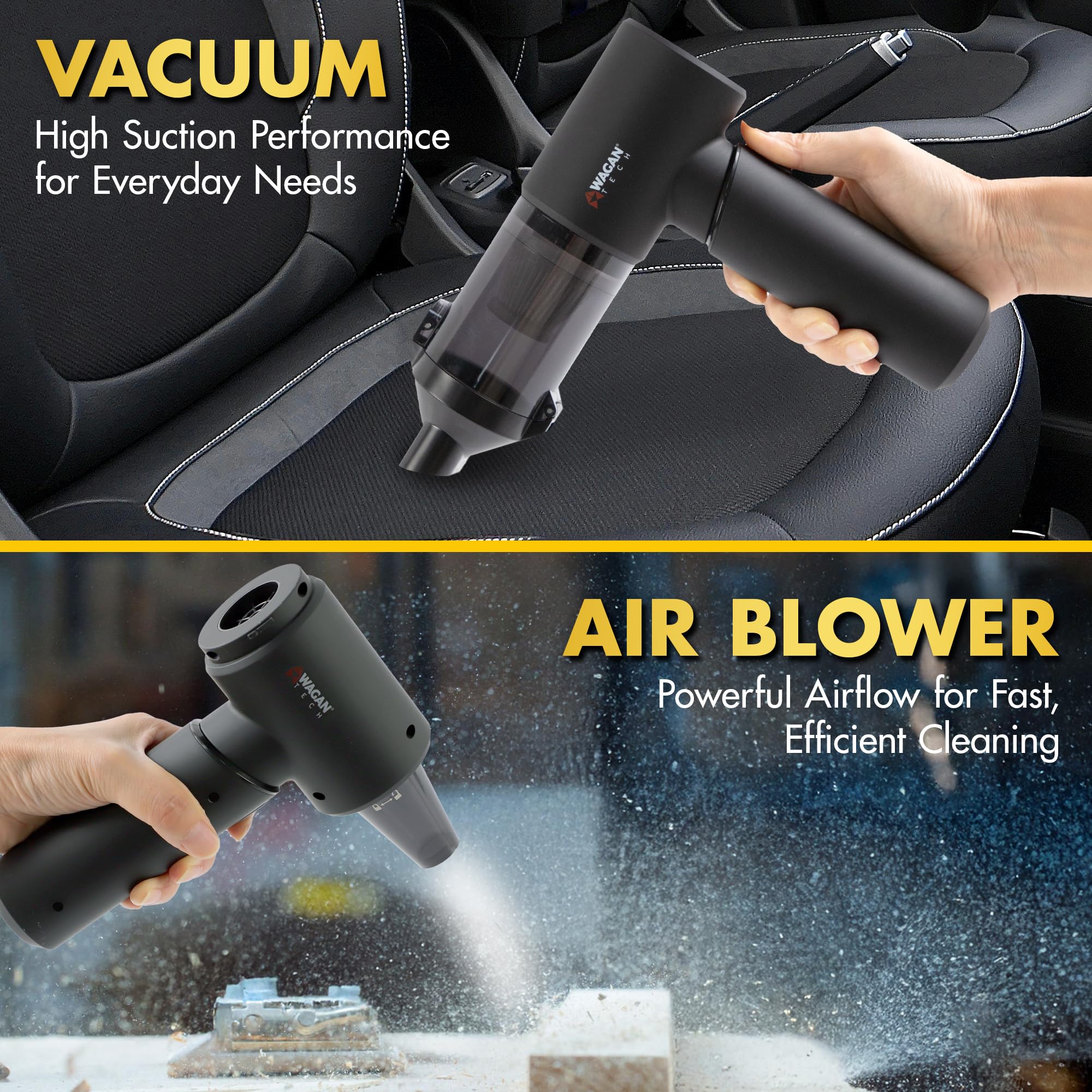 Wagan EL7209 Cordless Vacuum Car with Air Blower, Brushless Motor 16000Pa Strong Suction, Rechargeable Mini Handheld Cleaner with USB-C, Portable Dust and Blower for Car, Home, Office