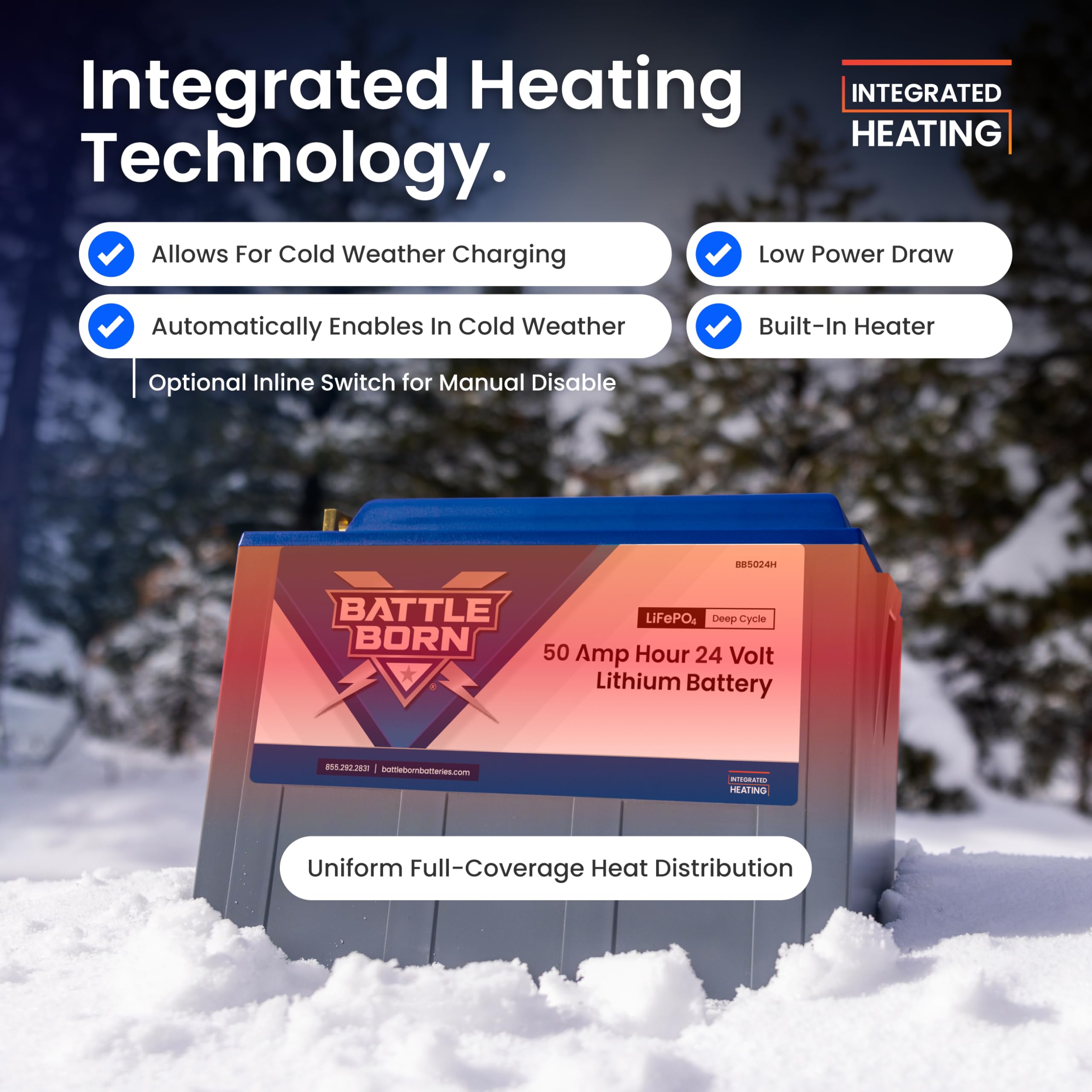24V 50Ah Heated Lithium-Ion (LiFePO4) RV, Marine, Solar, & Off Grid Battery - Integrated Heating Technology - Internal BMS, High & Low Temperature Protection - Battle Born Batteries