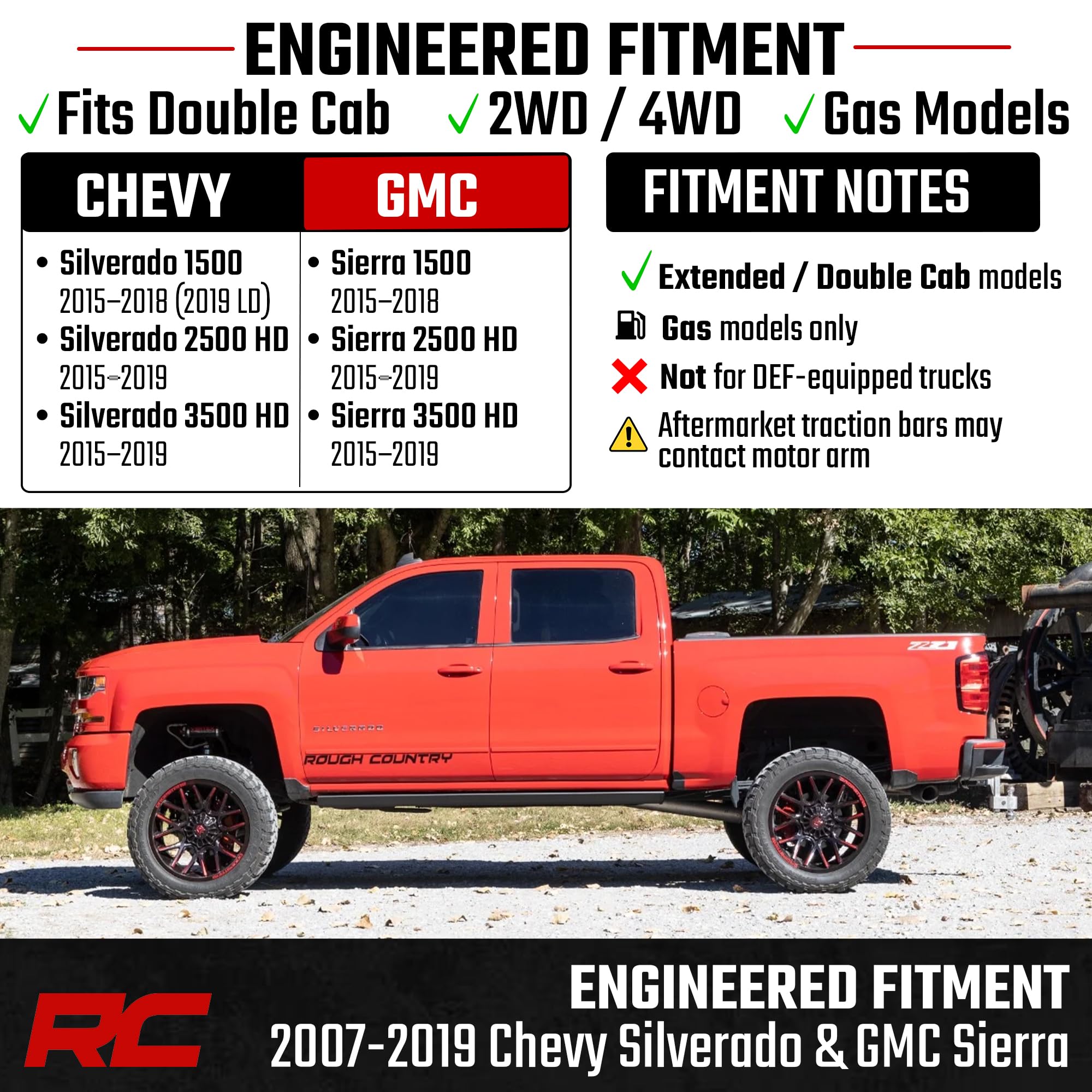 Power Running Boards Rough Country for Chevy Silverado & GMC Sierra 1500 / 2500HD / 3500HD Double Cab (2014-2019) - Automatic Retractable Electric Side Steps with LED Lights, No-Drill Install
