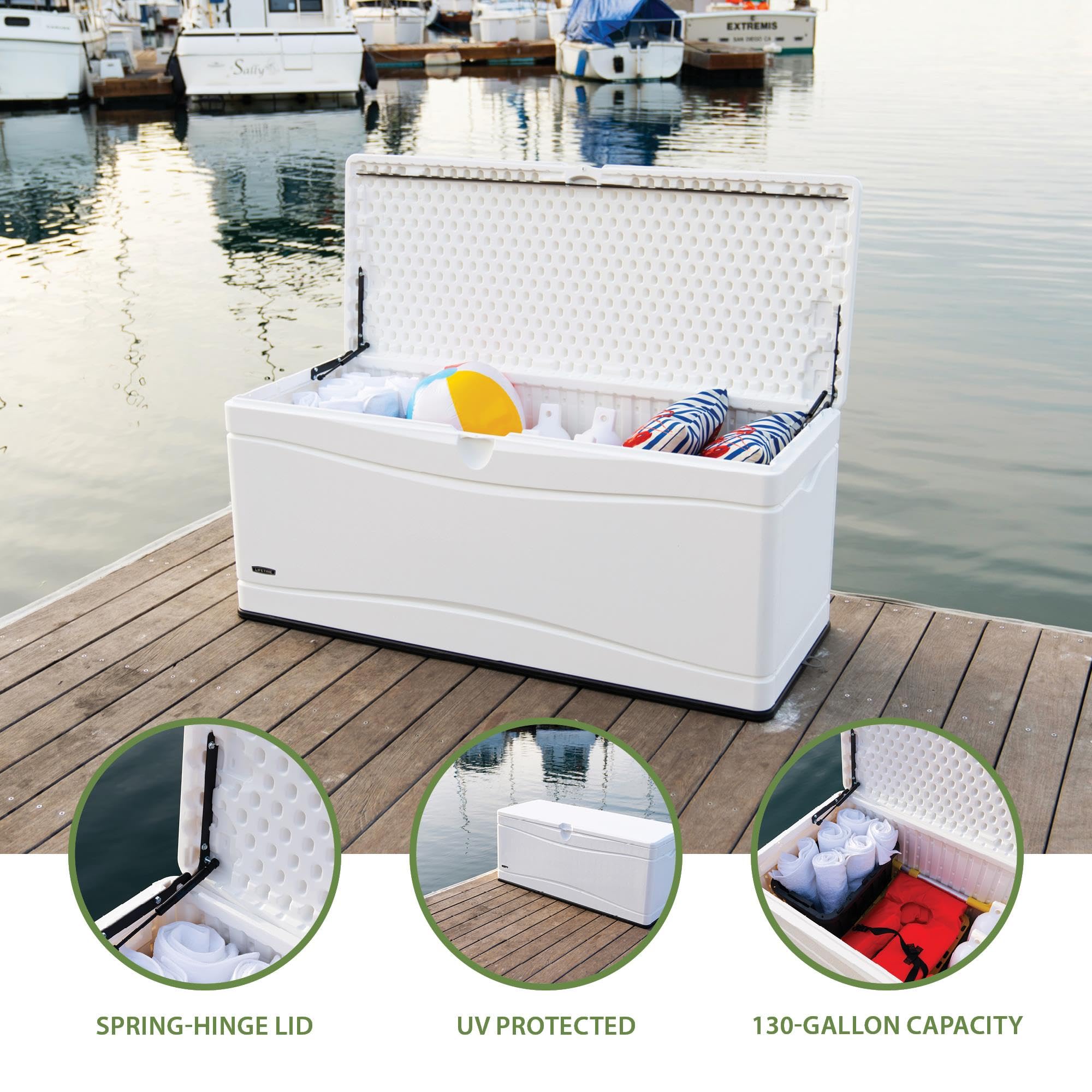 Outdoor Storage Deck Box LIFETIME, 130 Gallon, Arctic White, Lockable, UV-Protected, for Decks and Marine Docks