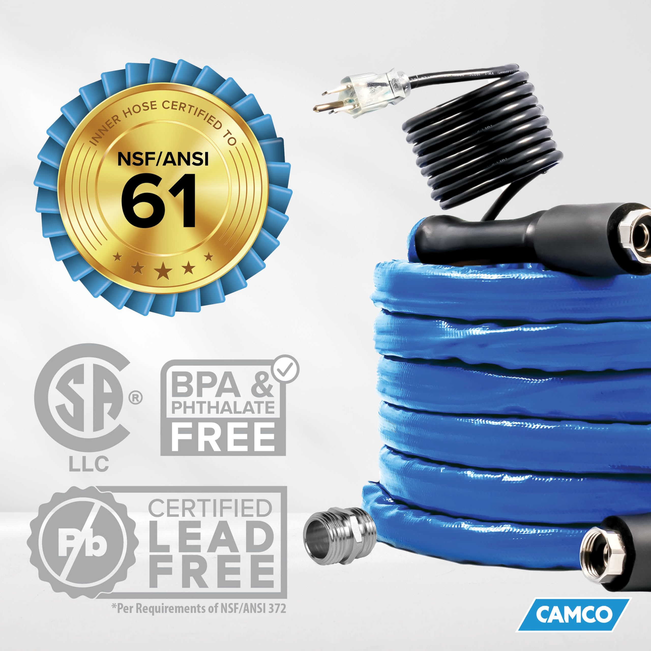 25-Foot Camco Heated Drinking Water Hose | Features Water Line Freeze Protection Down to -40°F/C & Energy-Saving Thermostat | Includes Adapter for Connection to Either End of Hose (22922)