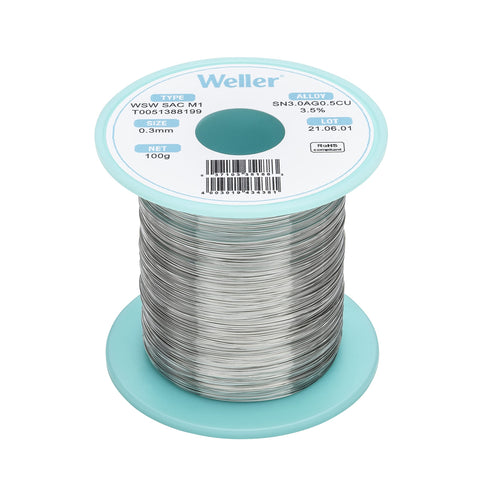 Weller Lead Free Solder Wire WSW SAC M1 (T0051388199), Dia: 0.3 mm / 0.012 in, Wt: 100 g / 3.527 oz, Alloy Sn96.5Ag3.0Cu0.5, Flux content 3.5%