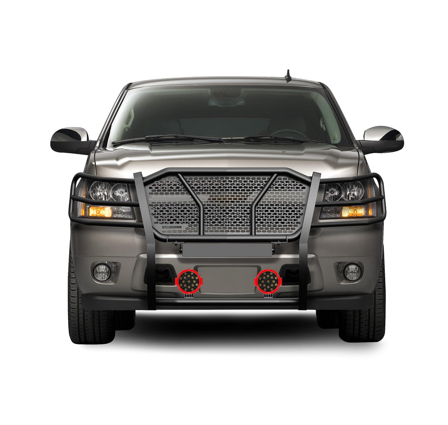 Heavy Duty Black Horse Rugged Grille Brush Bumper Guard Modular Black Come with Pair of 7.0" LED Lights Compatible with 2007-2014 Tahoe/Suburban 1500|2007-2013 Avalanche-RU-CHTA07-B-PLR